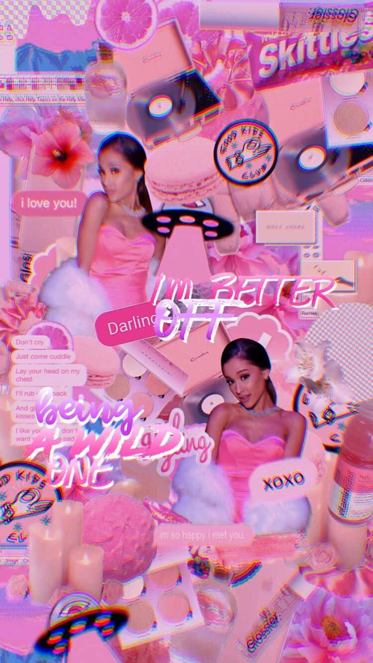 粉紅色拼貼，包含 Ariana Grande、糖果、化妝品和閃亮文字。