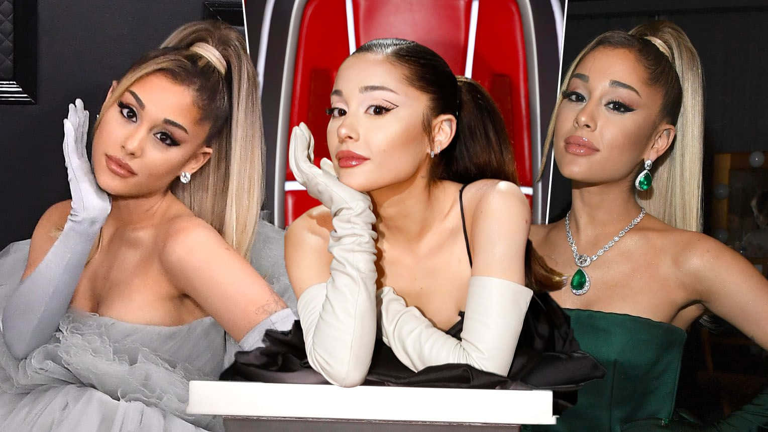Ariana Grande 身穿三套華麗服裝，戴白色手套，在紅色椅子前擺姿勢。