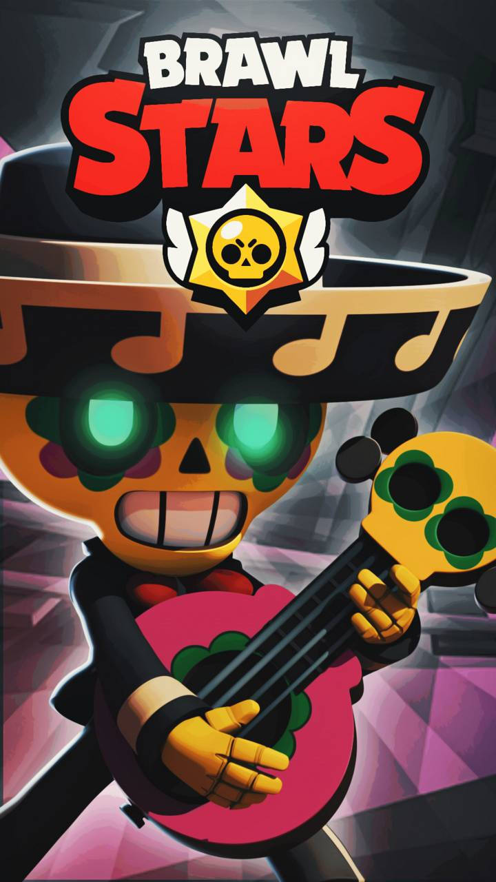 卡通骷髏音樂家彈奏結他，眼睛發光，並有Brawl Stars標誌。