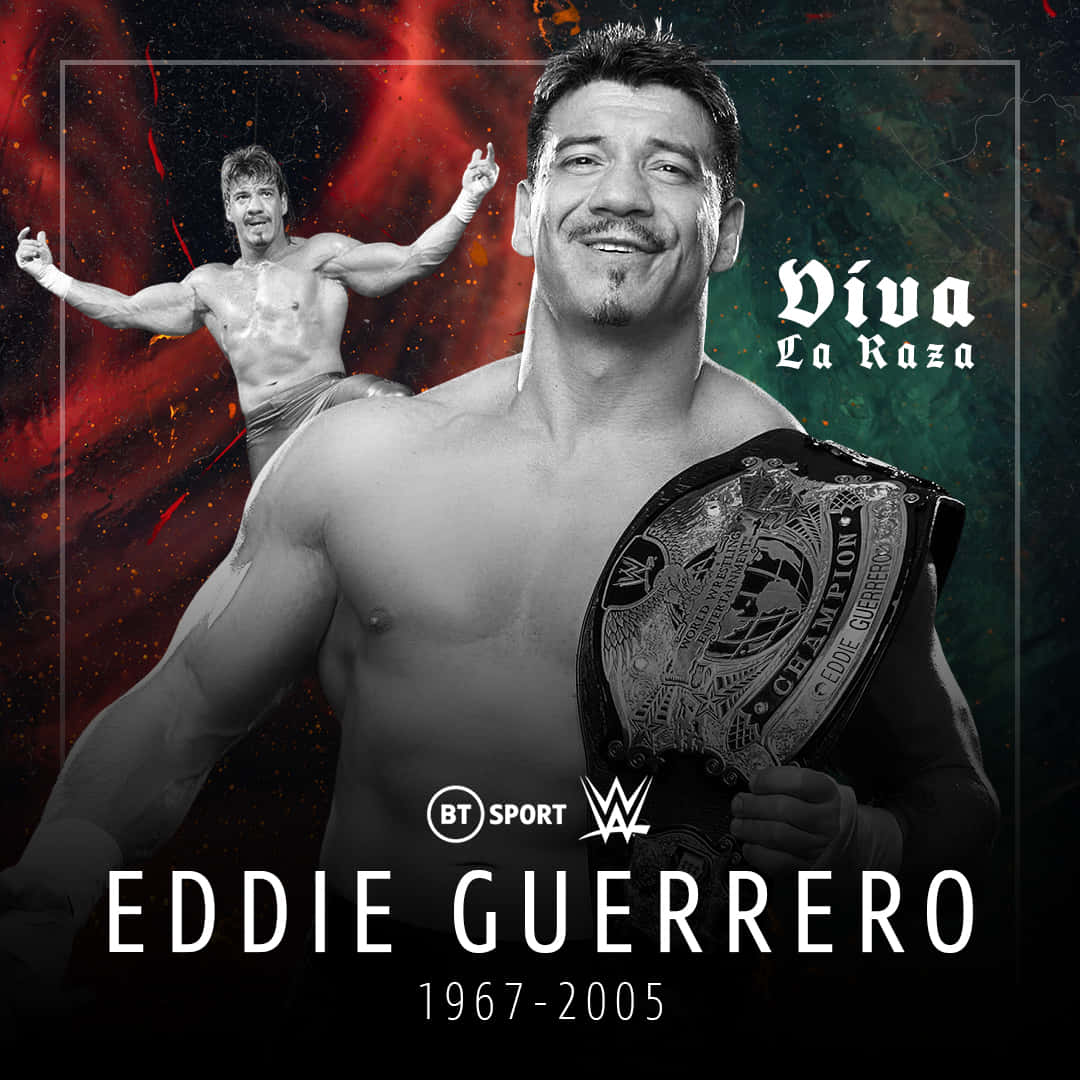 Eddie Guerrero 手持 WWE 冠軍腰帶，身後有動作姿勢