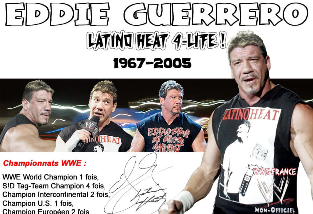 愛迪·格雷羅：標誌性的WWE超級巨星 壁紙 — 向摔角手 Eddie Guerrero 致敬的拼貼畫，展示四個姿勢，配有粗體文字和冠軍統計數據，背景為動態電光效果。