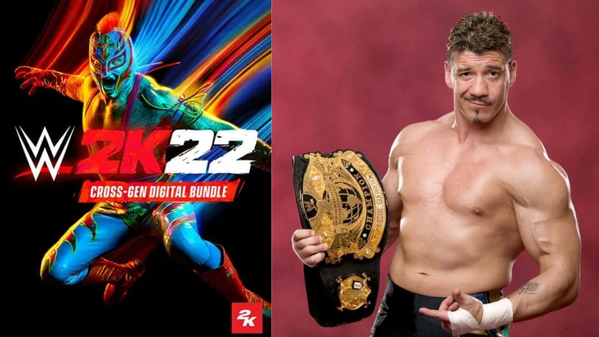 愛迪·格雷羅WWE 2k22遊戲封面照片 壁紙 — 一位戴著彩色面具的摔角手在一位手持冠軍腰帶的真實摔角手旁邊動態跳躍。