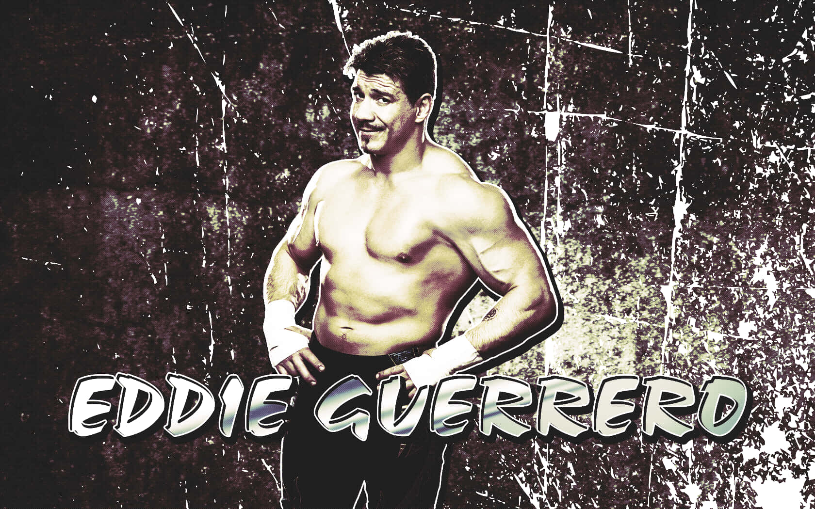 愛迪·格雷羅刮擦風格圖像藝術 壁紙 — 肌肉發達的摔角手 Eddie Guerrero 在粗糙的紋理牆前自信地擺姿勢，下方有粗體風格文字。