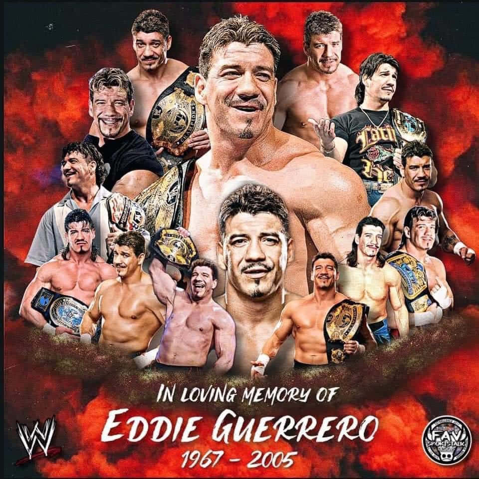 愛迪·格雷羅追思海報 壁紙 — 向 Eddie Guerrero 致敬的拼貼畫，展示他各種摔角姿勢，手持冠軍腰帶，背景為火紅色。