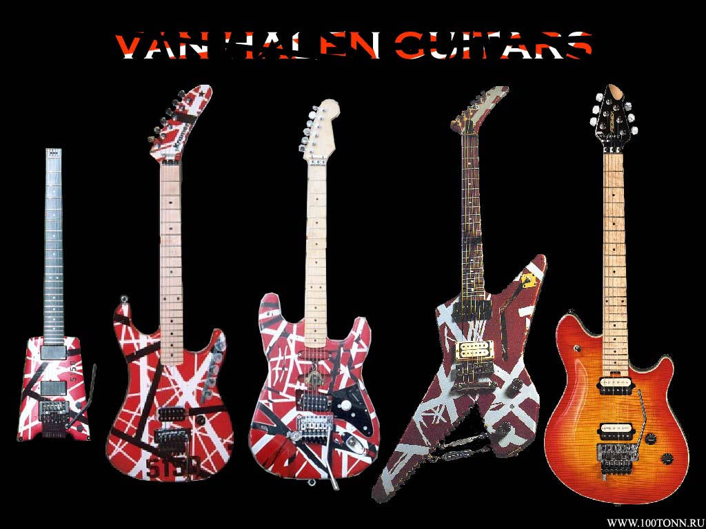 愛迪·范·海倫的吉他 壁紙 — 五支標誌性的 Van Halen 結他，採用大膽的紅、白、黑設計，在黑色背景上展示。