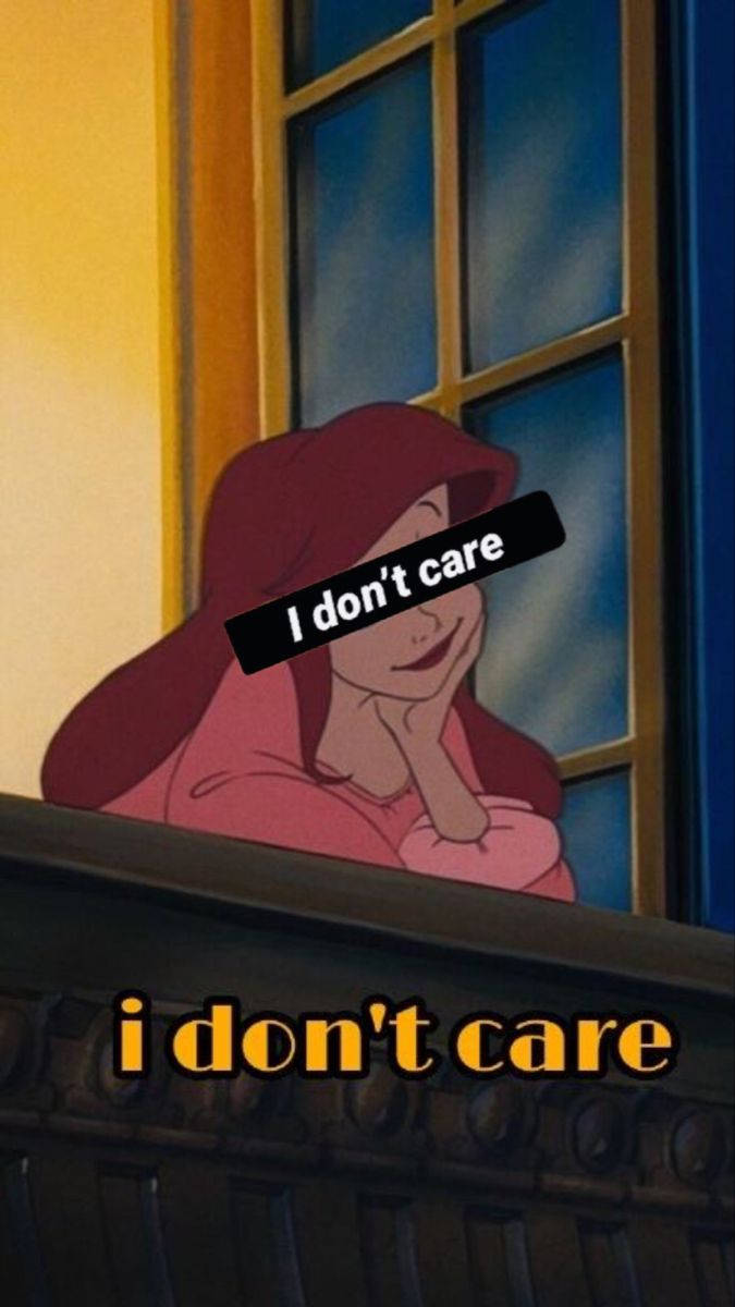 戴紅色連帽的卡通女人在陽台上得意地微笑，帶有'i don't care'文字。