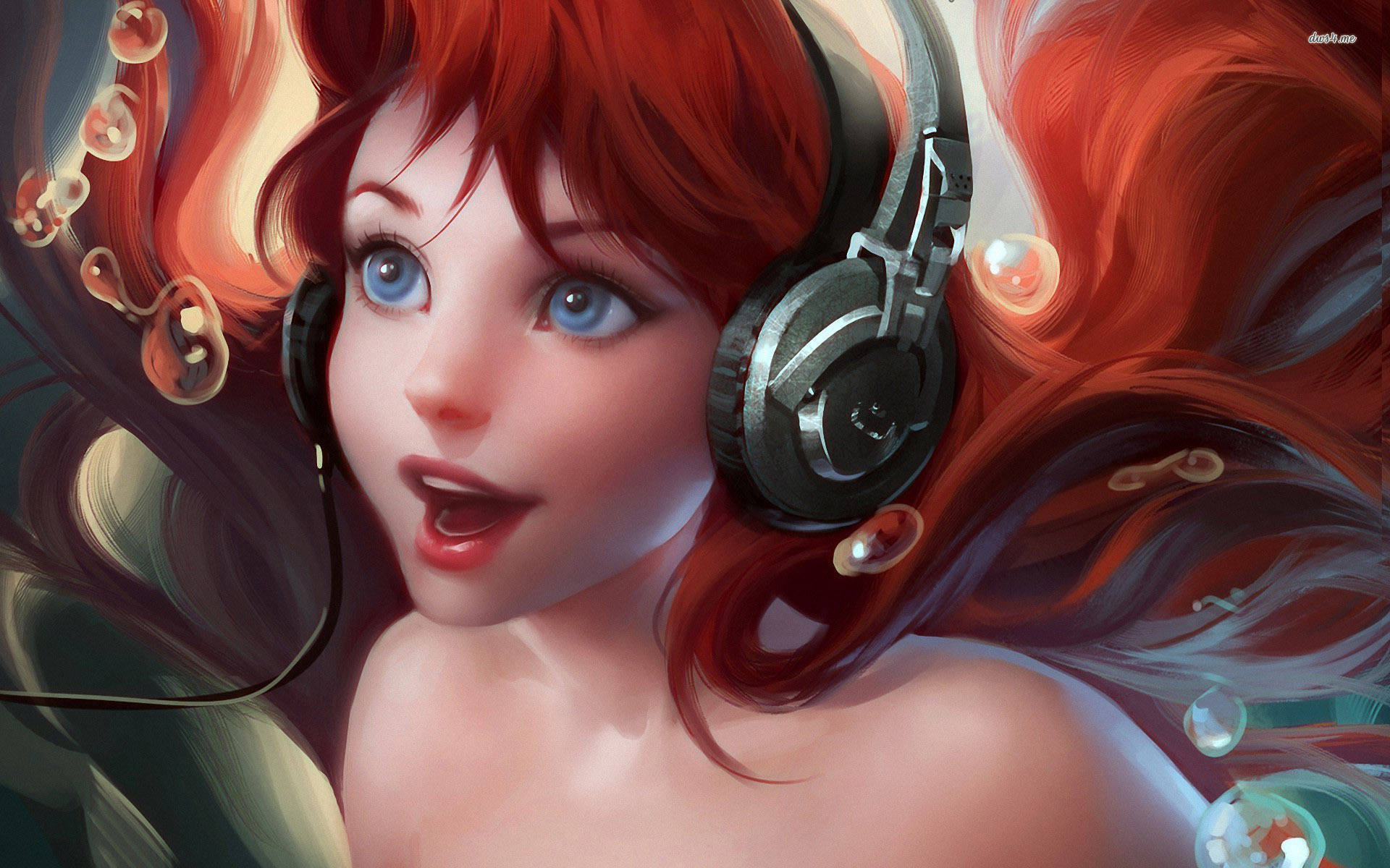 一位紅髮藍眼的美人魚在水下戴著耳機和氣泡聽音樂。