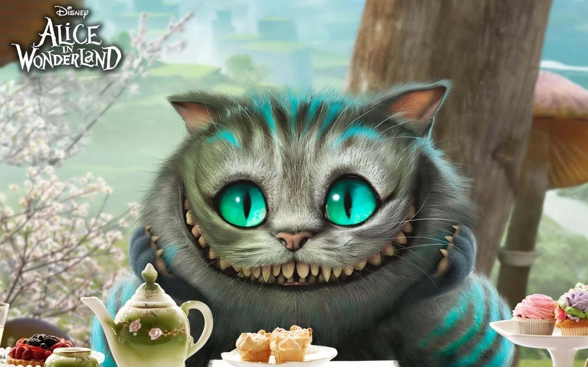 柴郡貓在魔法花園的茶會上咧嘴笑。