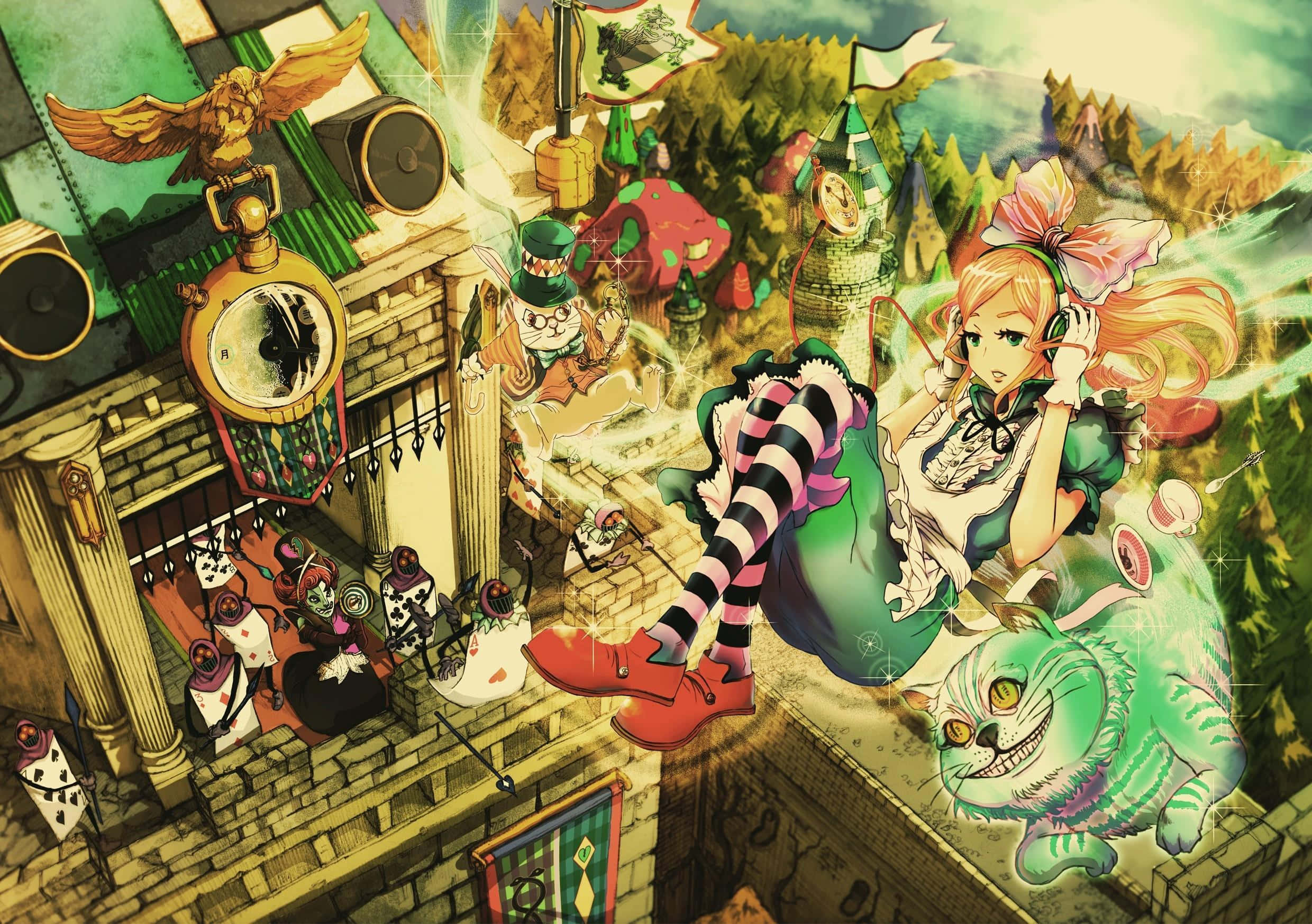wonderland 桌布 壁紙 — 愛麗絲夢遊仙境角色，包括柴郡貓和瘋帽匠，聚集在一個帶有超大時鐘和蘑菇的奇幻庭院中。