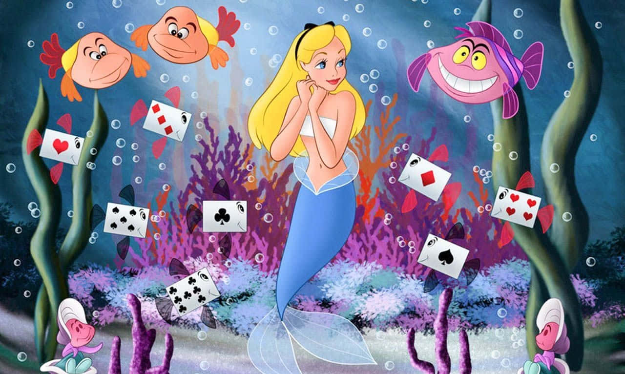 卡通美人魚在水下微笑，伴隨著魚和漂浮的撲克牌。