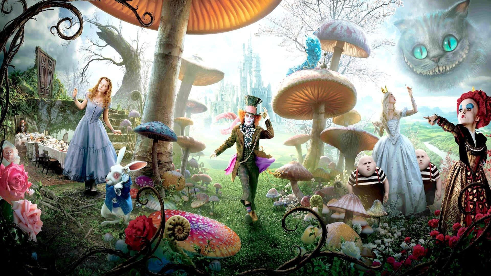 wonderland 桌布 壁紙 — 愛麗絲與夢幻仙境角色聚集在一個充滿奇想的森林中，有巨型蘑菇和一隻漂浮的柴郡貓。