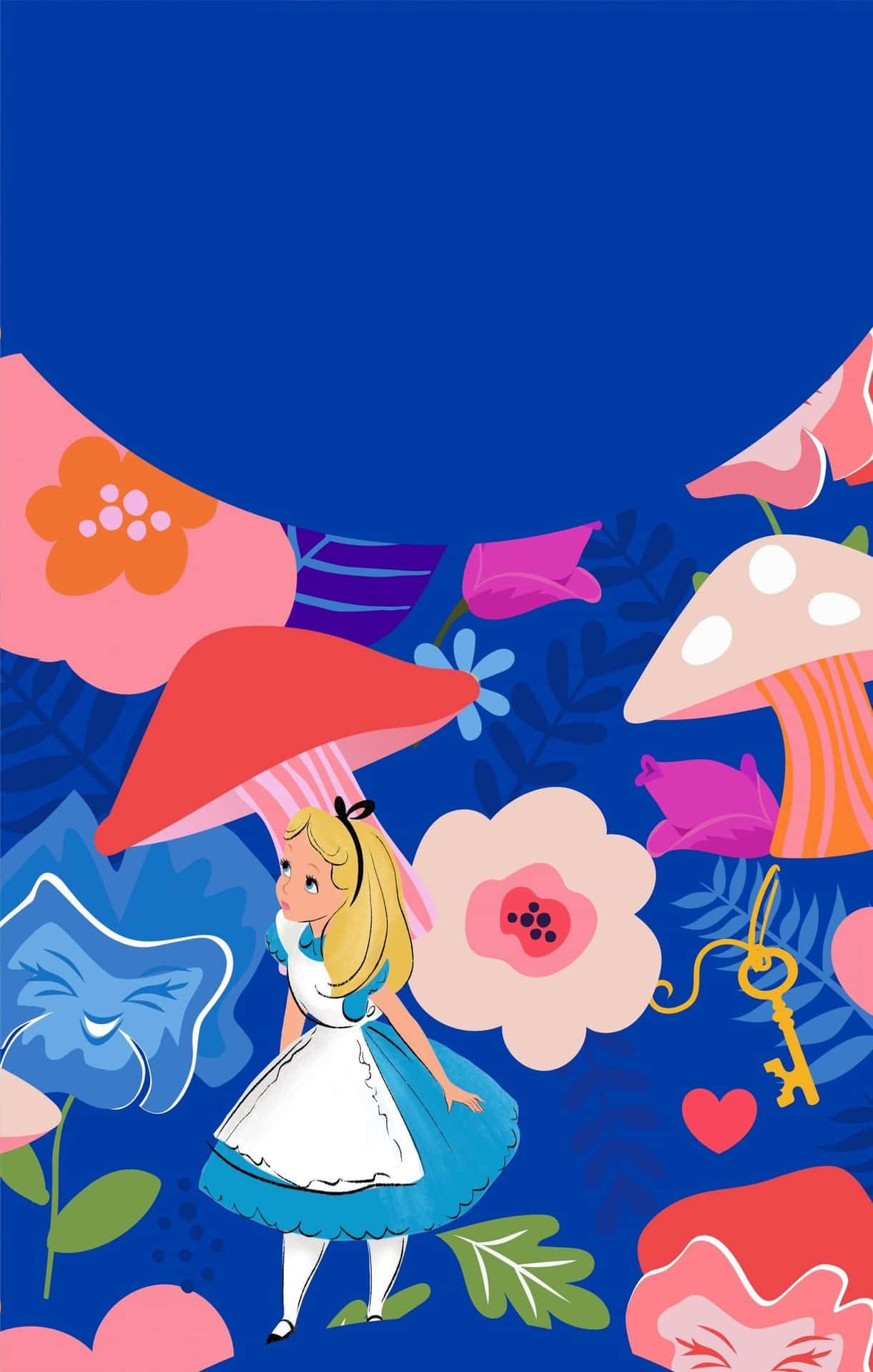 愛麗絲夢遊仙境被巨大的蘑菇和花朵包圍。