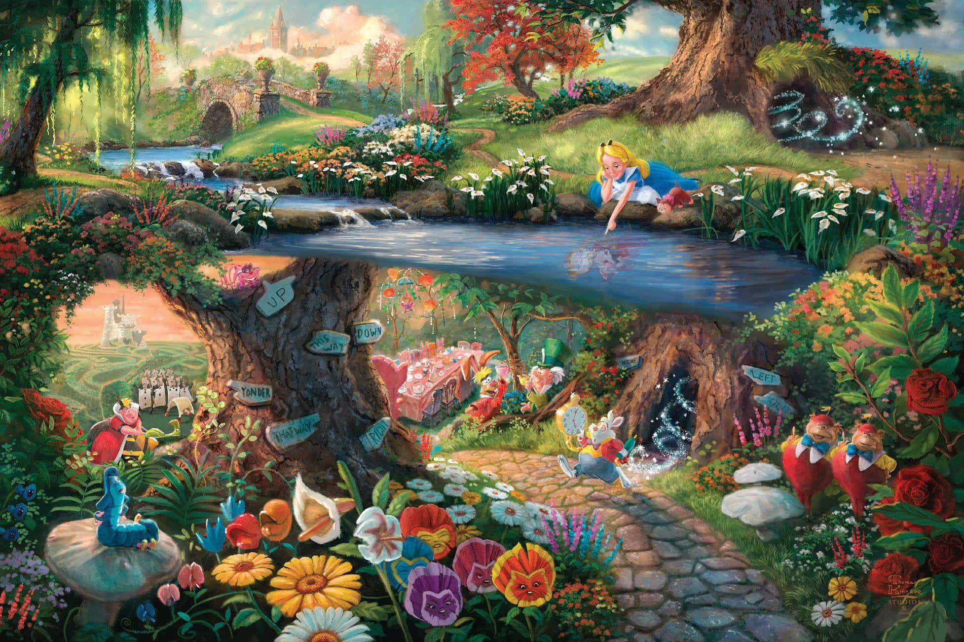 wonderland 桌布 壁紙 — 愛麗絲躺在河邊一個充滿活力的花園裡，奇幻的生物和一座城堡出現在水面之上和之下。