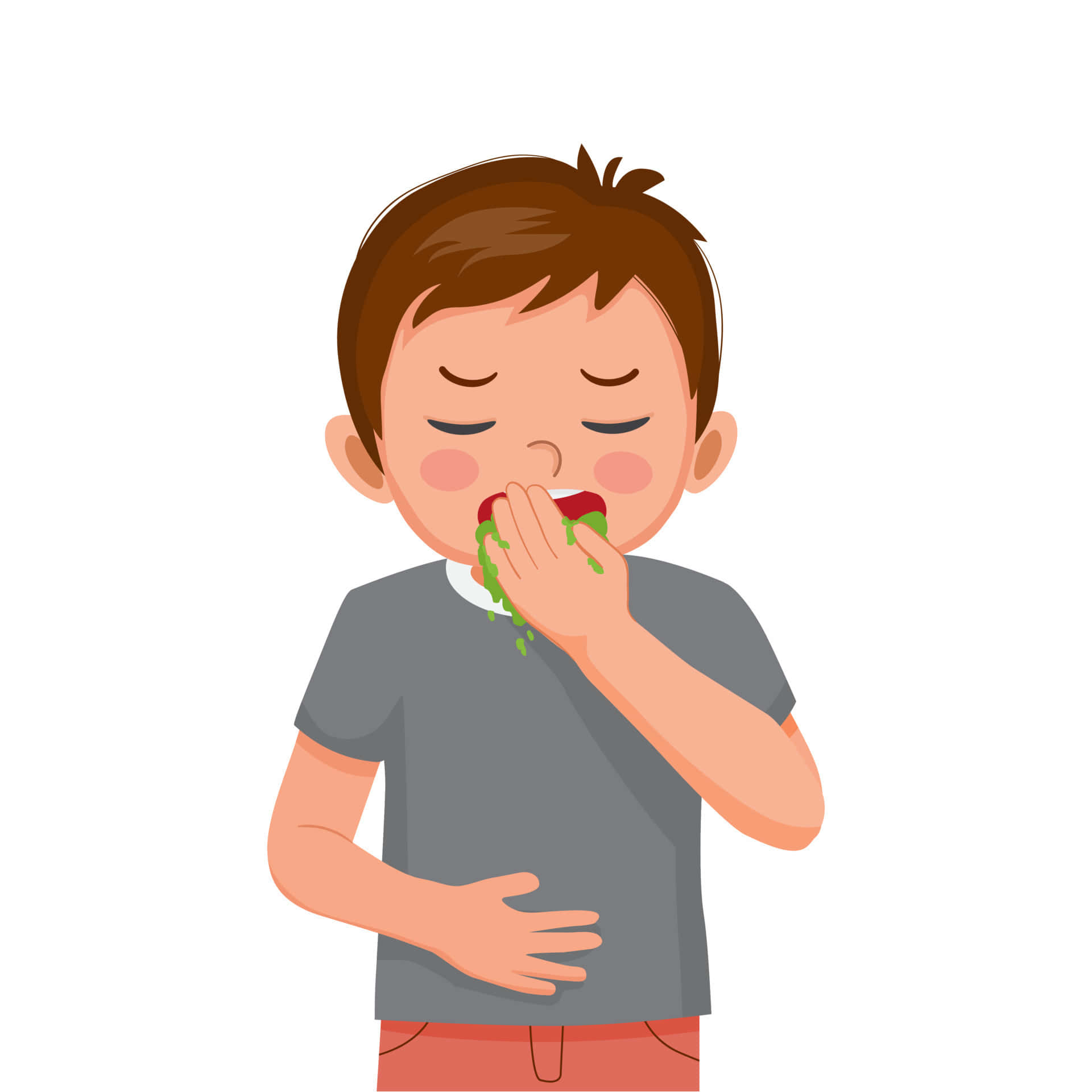 一個卡通男孩閉著眼睛，開心地吃著亂七八糟的綠色食物。