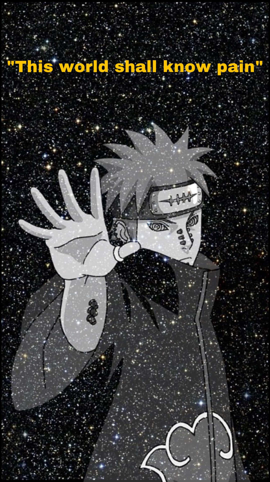 動漫忍者角色帶刺頭髮和頭帶，在星空背景下舉手，附有引文文字。