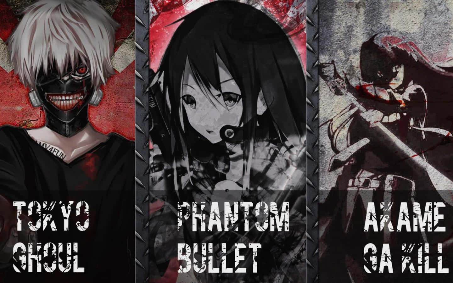 感受《Akame Ga Kill》中夜襲隊的強大力量！ 壁紙 — 來自《東京喰種 Phantom Bullet》和《斬！赤紅之瞳》的三個動漫角色，站在帶有血跡和粗體文字的粗糙風格面板中。