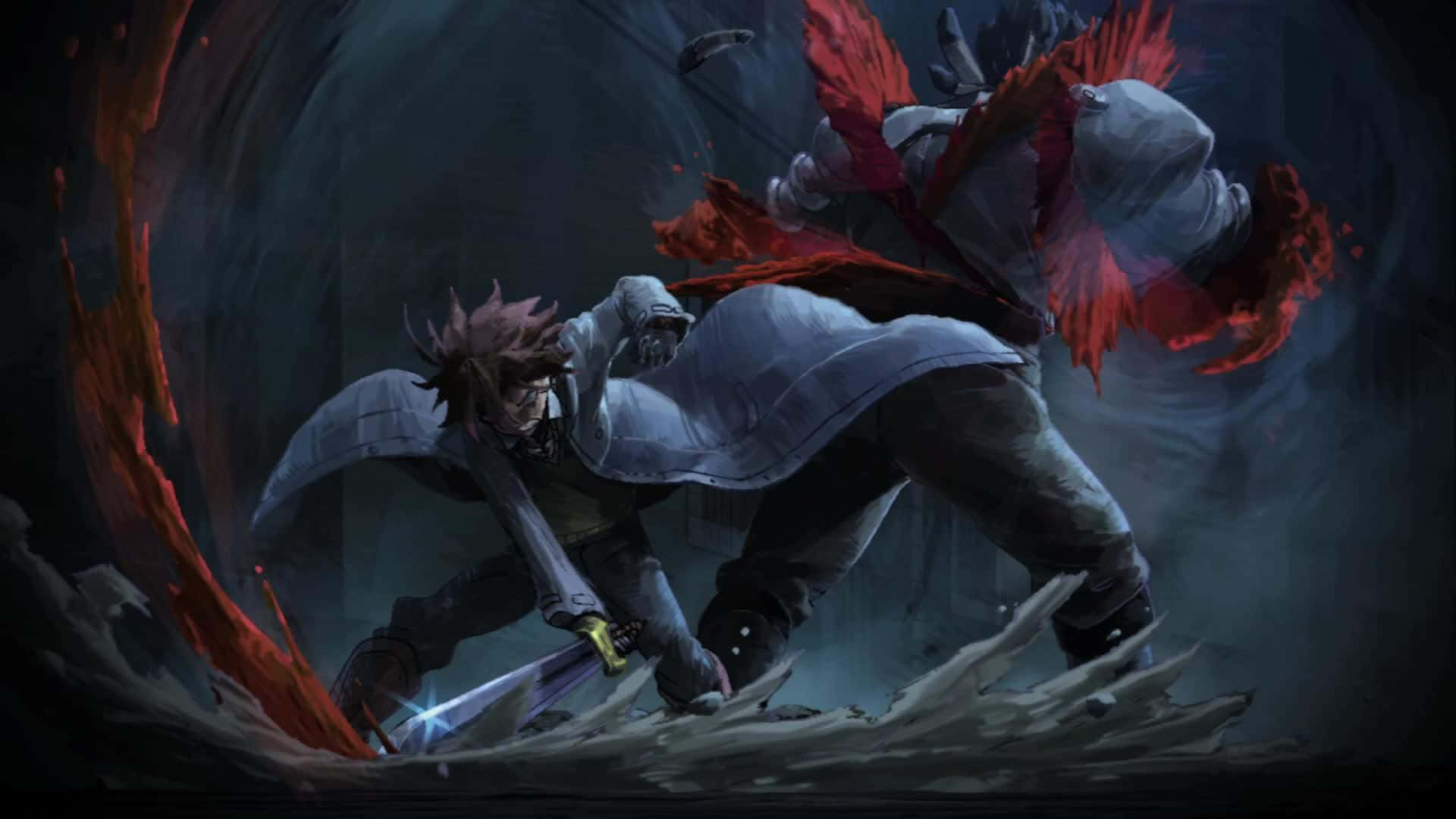 感受《Akame Ga Kill》的強大戰鬥力 壁紙 — 一位紅髮的動態動漫戰士在黑暗旋轉的戰鬥場景中，揮刀斬向一個有火焰翅膀的怪物敵人。