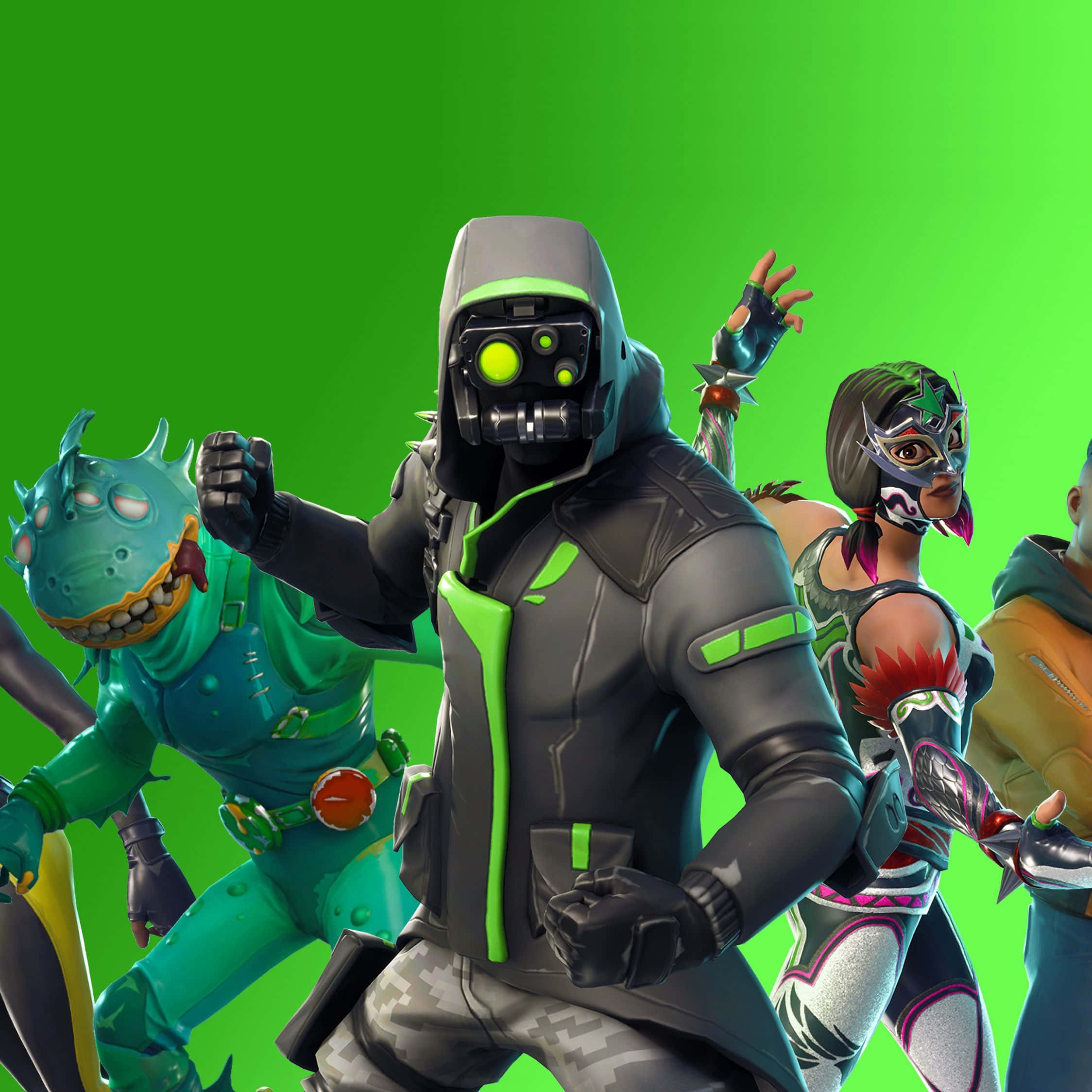 感受《Fortnite》角色的力量 壁紙 — 四個穿著鮮豔服裝的Fortnite角色在純綠色背景前動態擺姿勢。