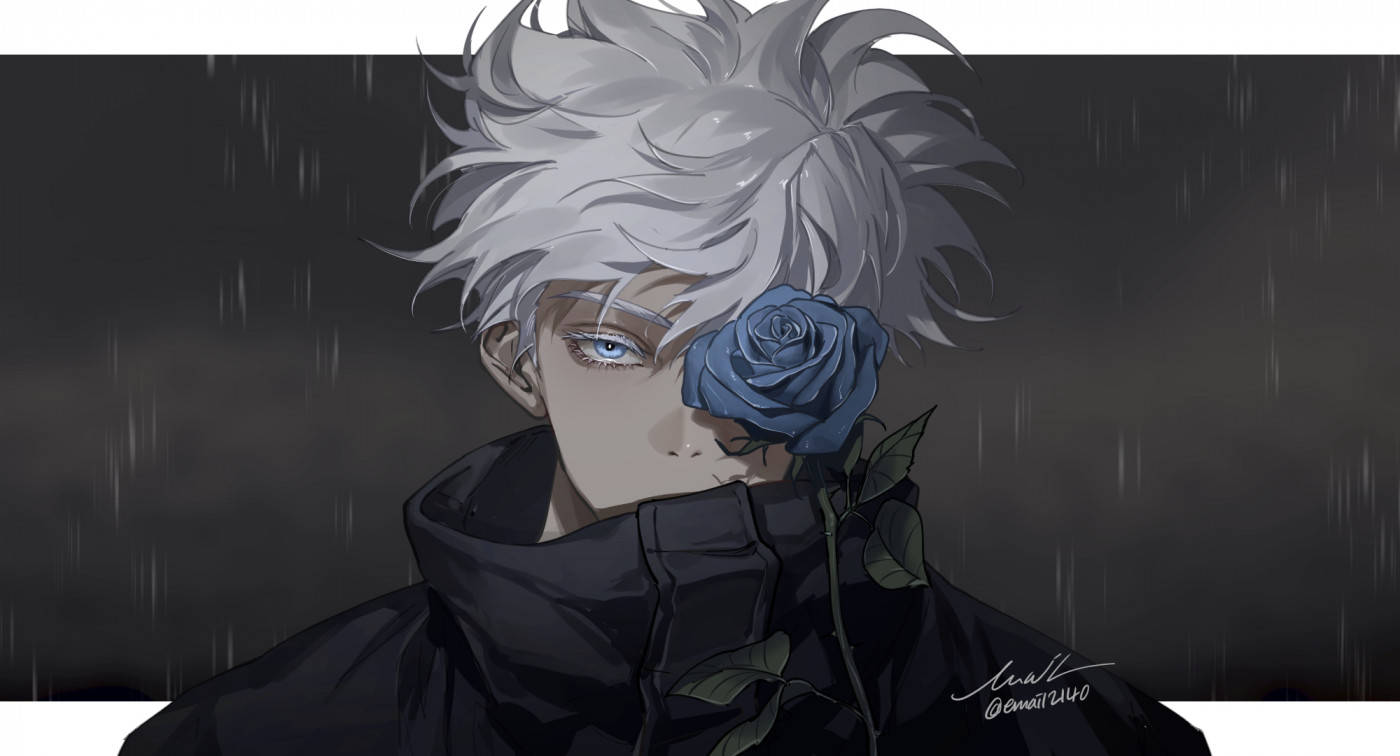 銀髮動漫男孩在雨中手持藍玫瑰