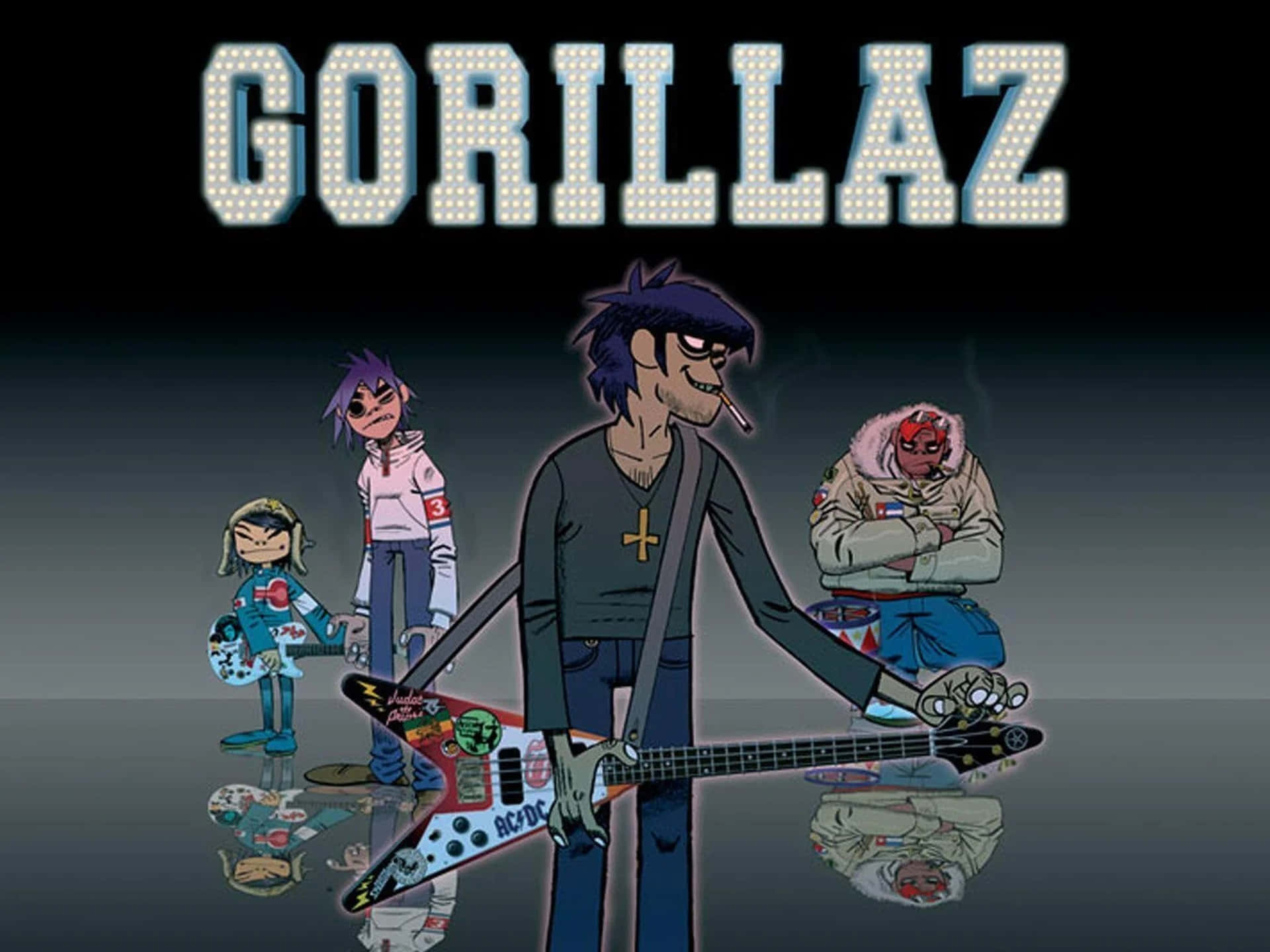 四個動畫Gorillaz樂隊成員結他手在深色反光舞台上。