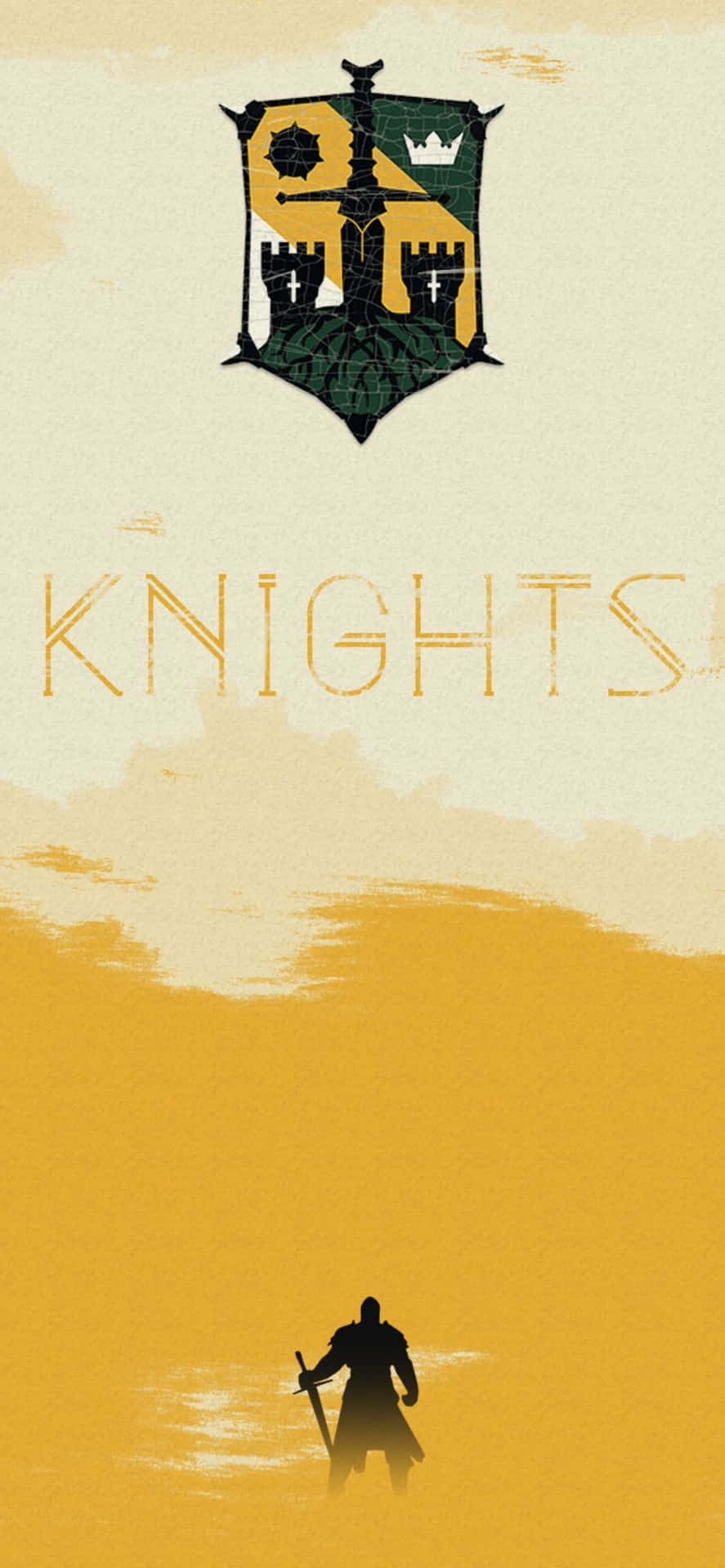 一個騎士剪影在中世紀紋章和「knights」字樣下持劍。