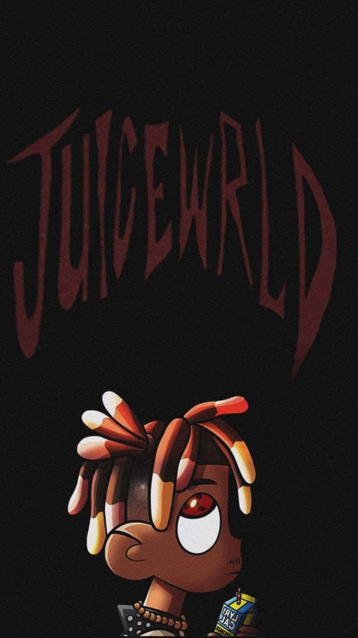 感受 Juice Wrld 的現場音樂震撼 壁紙 — Juice WRLD 的風格化卡通肖像，帶有糖果玉米辮子，手持果汁盒，背景為黑色，他的名字以滴落的紅色文字顯示。