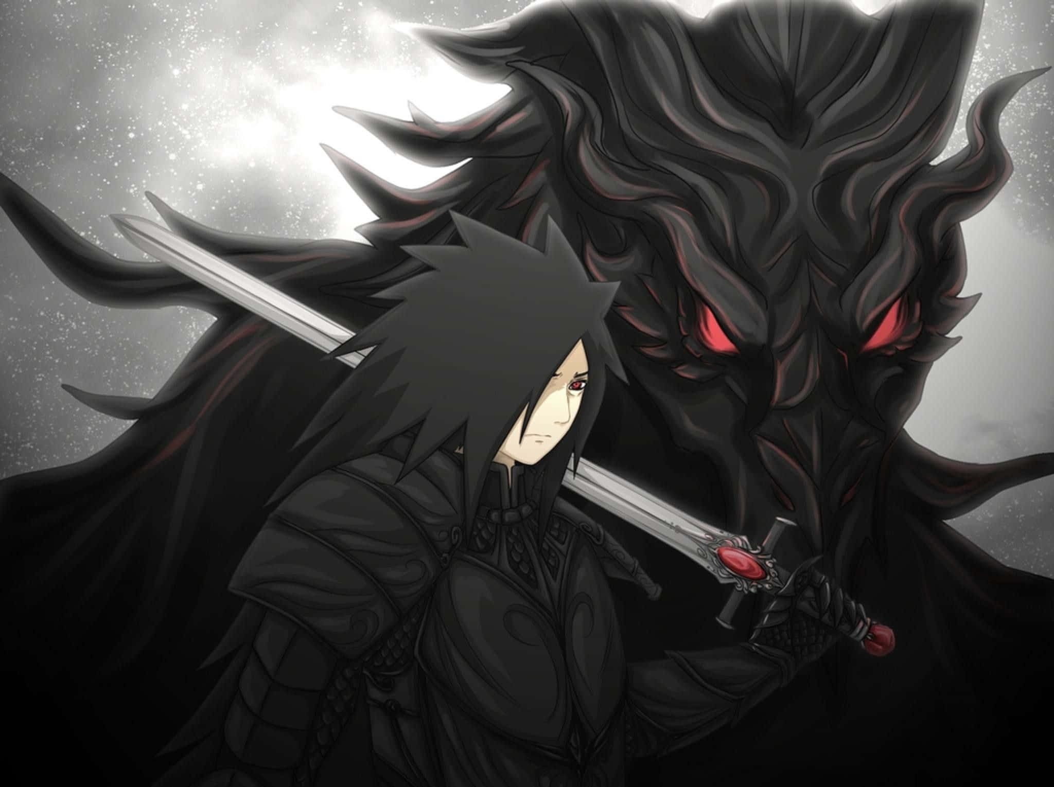 感受 Madara Cool 帶來的寧靜與放鬆 壁紙 — 一位黑髮動漫戰士身穿黑色盔甲手持劍，身後有一個帶有發光紅眼的陰影惡魔潛伏著。