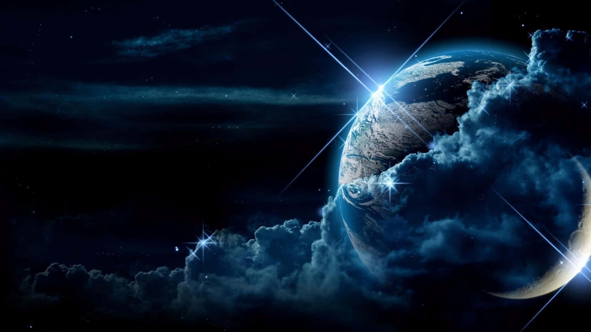 從太空透過宇宙雲層看到的地球，伴隨著明亮的星光光束。
