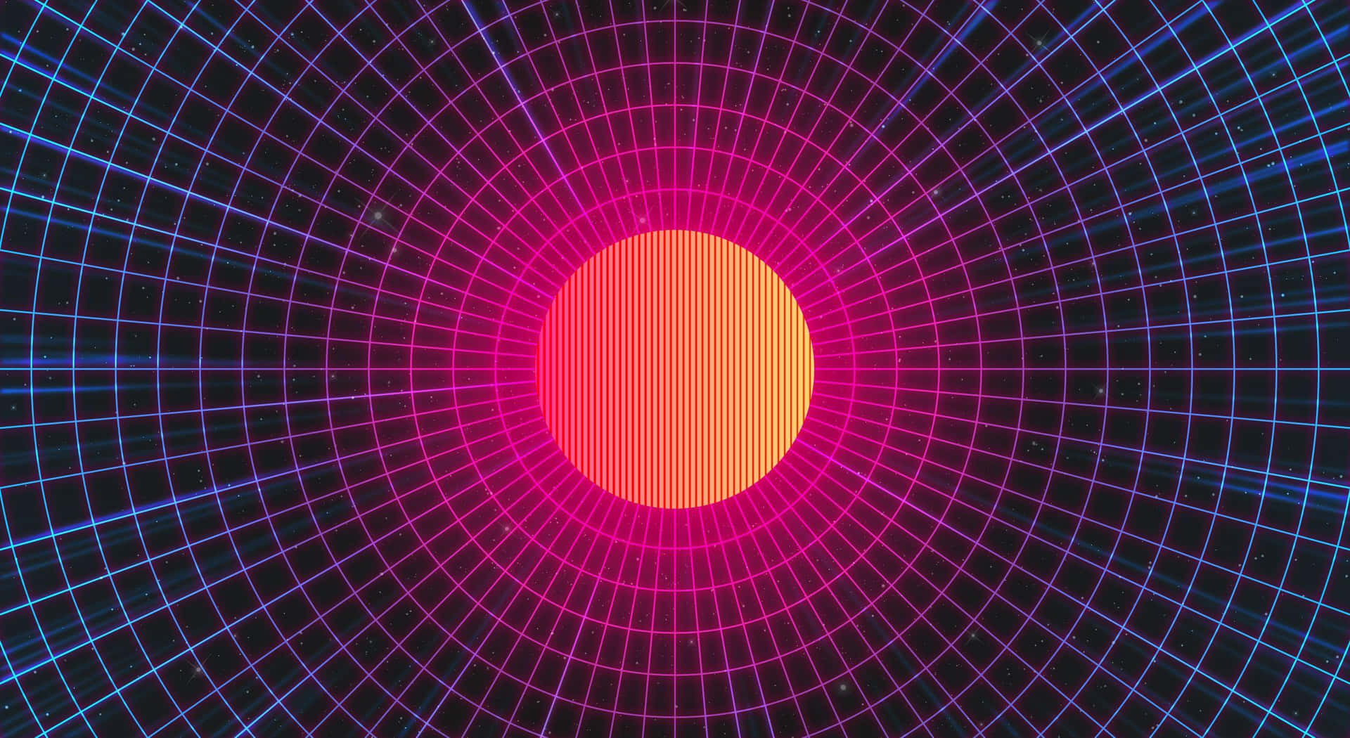 星空黑色背景上帶有發光橙色圓圈的霓虹網格隧道