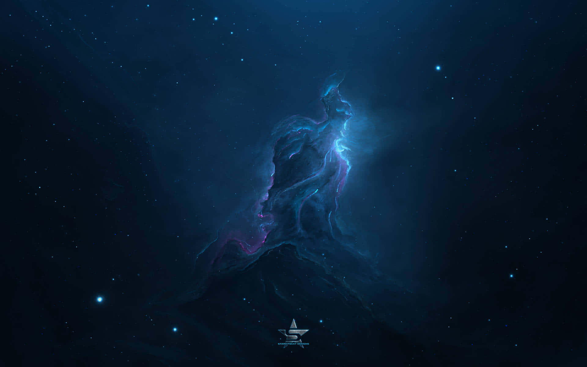 一個發光的宇宙星雲，形狀像一個高聳的人物，映襯著繁星點點的夜空。