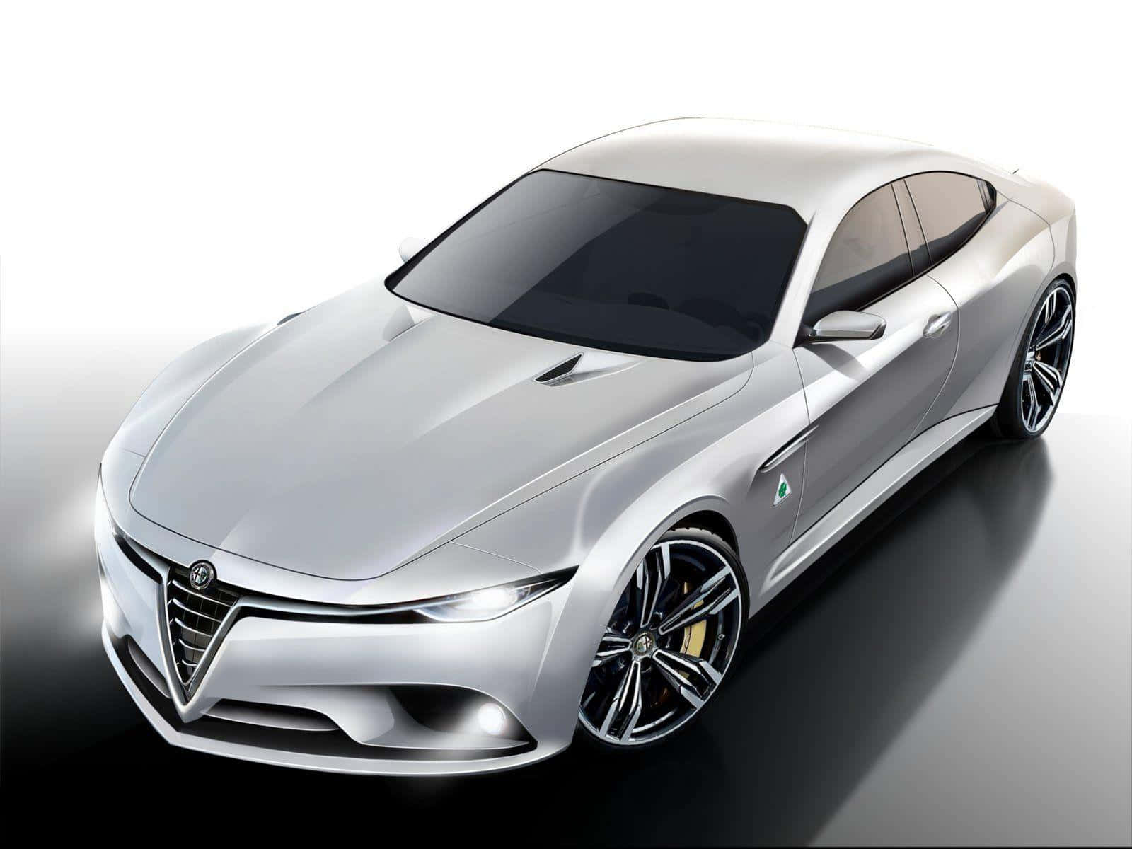 感受Alfa Romeo工程的強勁動力 壁紙 — 一部線條銳利、車頭燈發光的時尚銀色跑車，在極簡漸變背景襯托下展示。