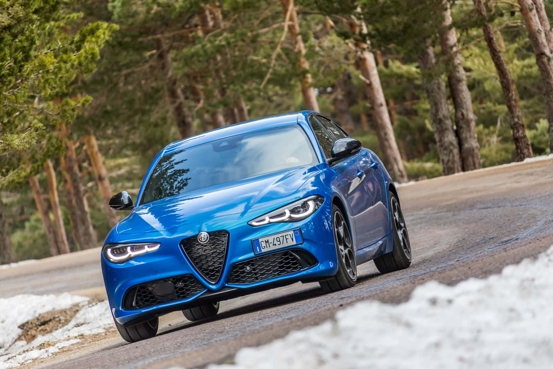 藍色 Alfa Romeo 房車在積雪的森林道路上行駛