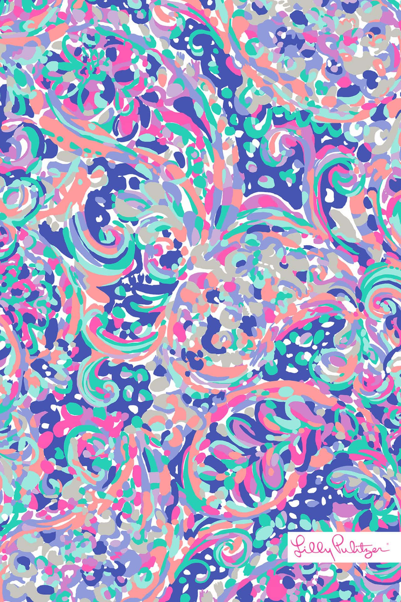 感受Lilly Pulitzer的輕盈夏日風 壁紙 — 白色背景上充滿活力的粉紅色、藍綠色和紫色漩渦佩斯利圖案。