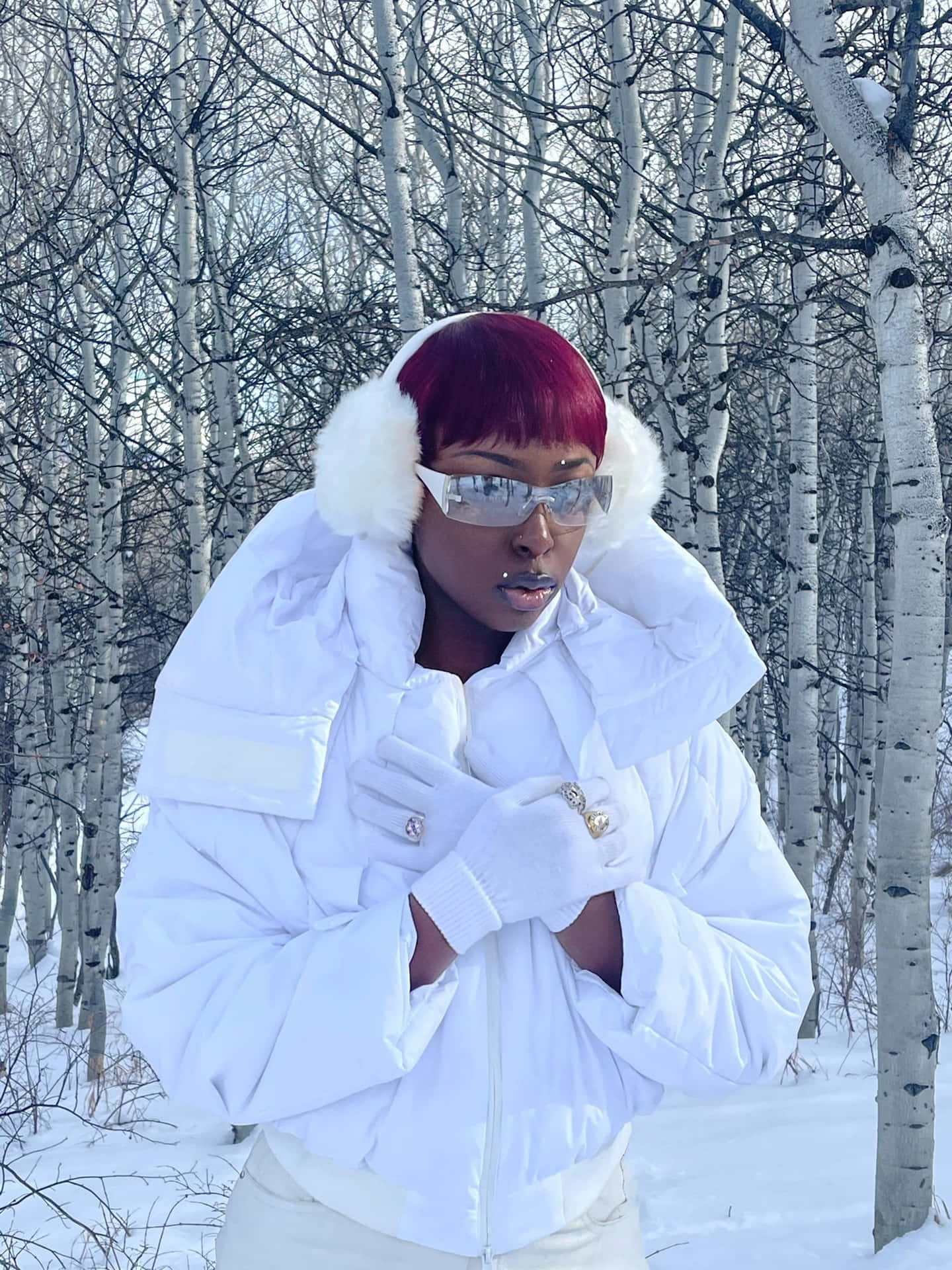 穿著白色冬季裝備的人站在雪白的樺樹林中。