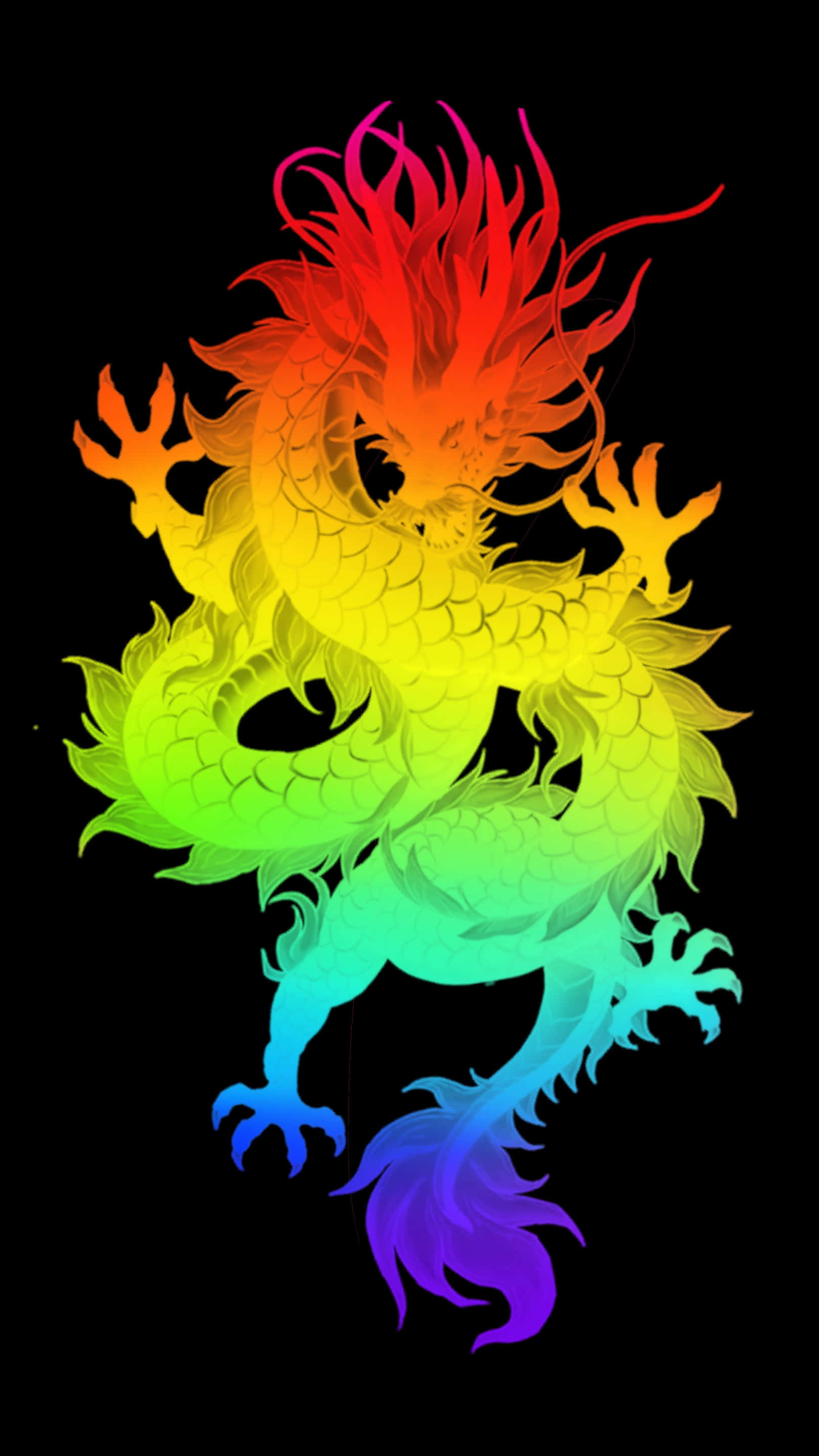 感受冷冽清新 壁紙 — 一條充滿活力的彩虹色龍，帶有火焰般的鬃毛和爪子，在純黑色背景上動態盤繞。