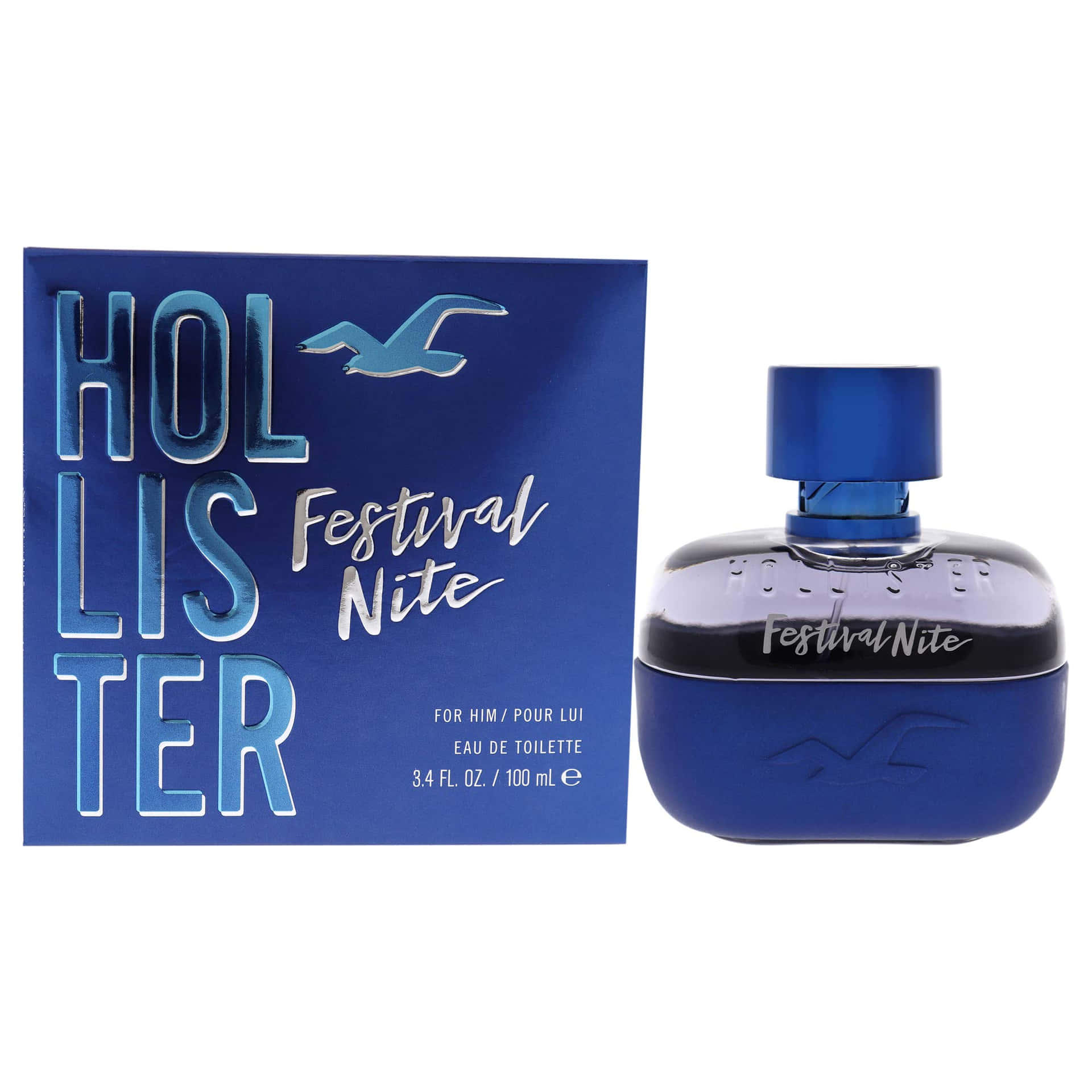 藍色Hollister Festival Nite男士香水瓶和包裝。