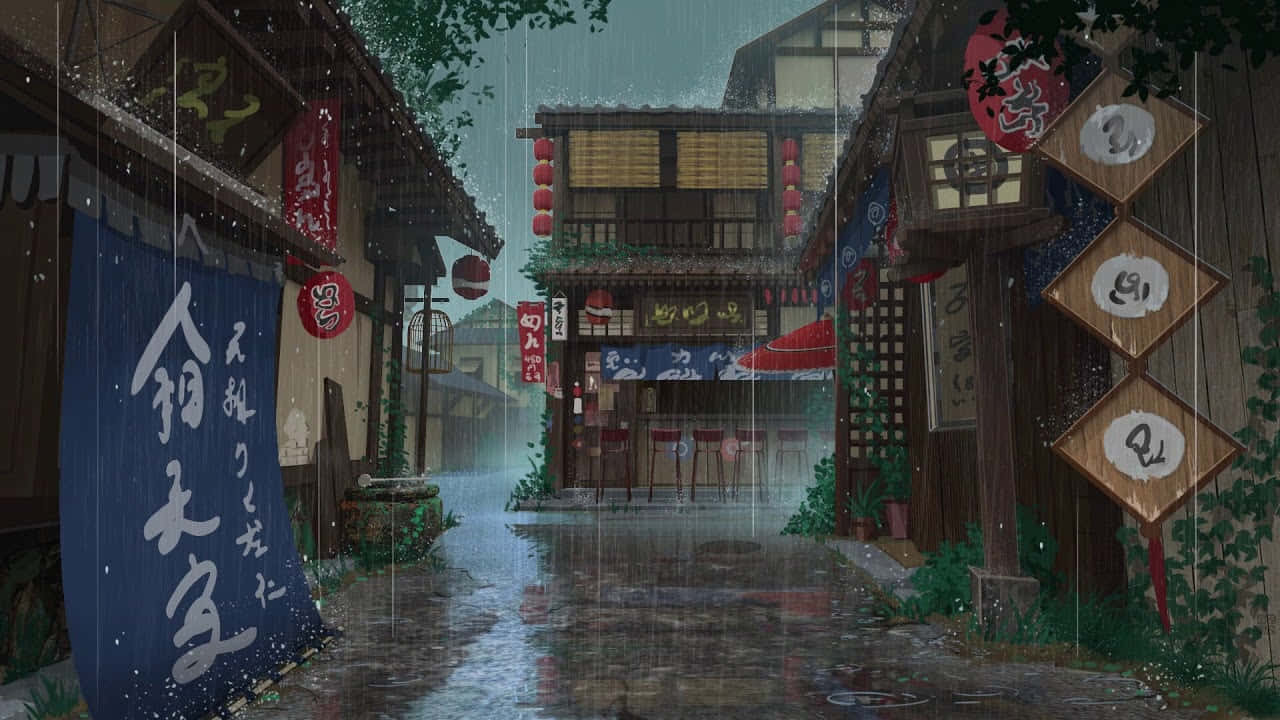 一條下雨的日本街道，有木造建築和發光的燈籠。