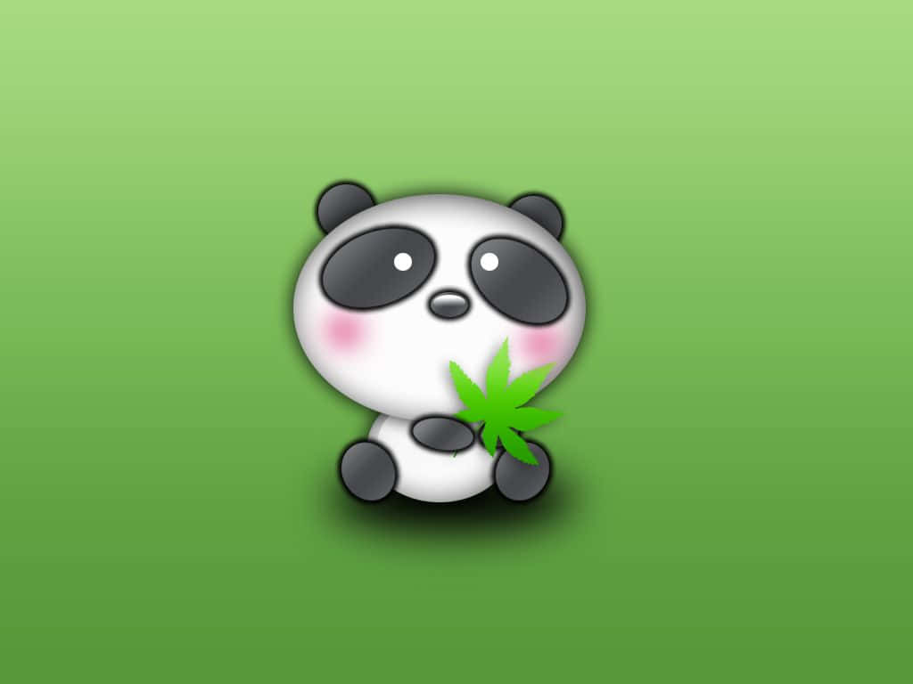 可愛卡通熊貓在綠色背景上手持綠葉。