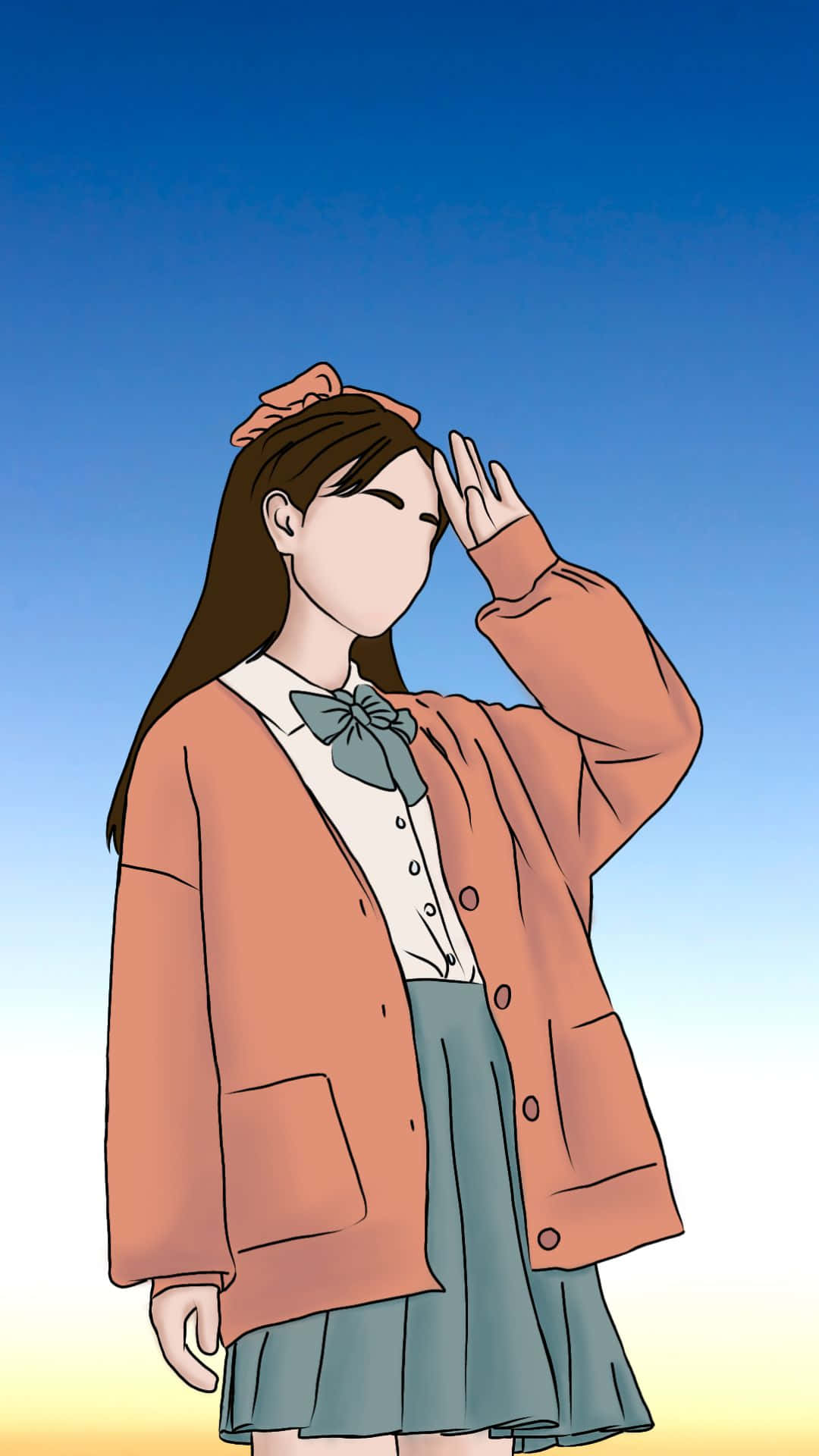 感受夏日的涼風 壁紙 — 一個穿著蜜桃色開襟衫和青綠色裙子的女孩站在漸變天空前，手舉到額頭，好像在遮擋陽光。