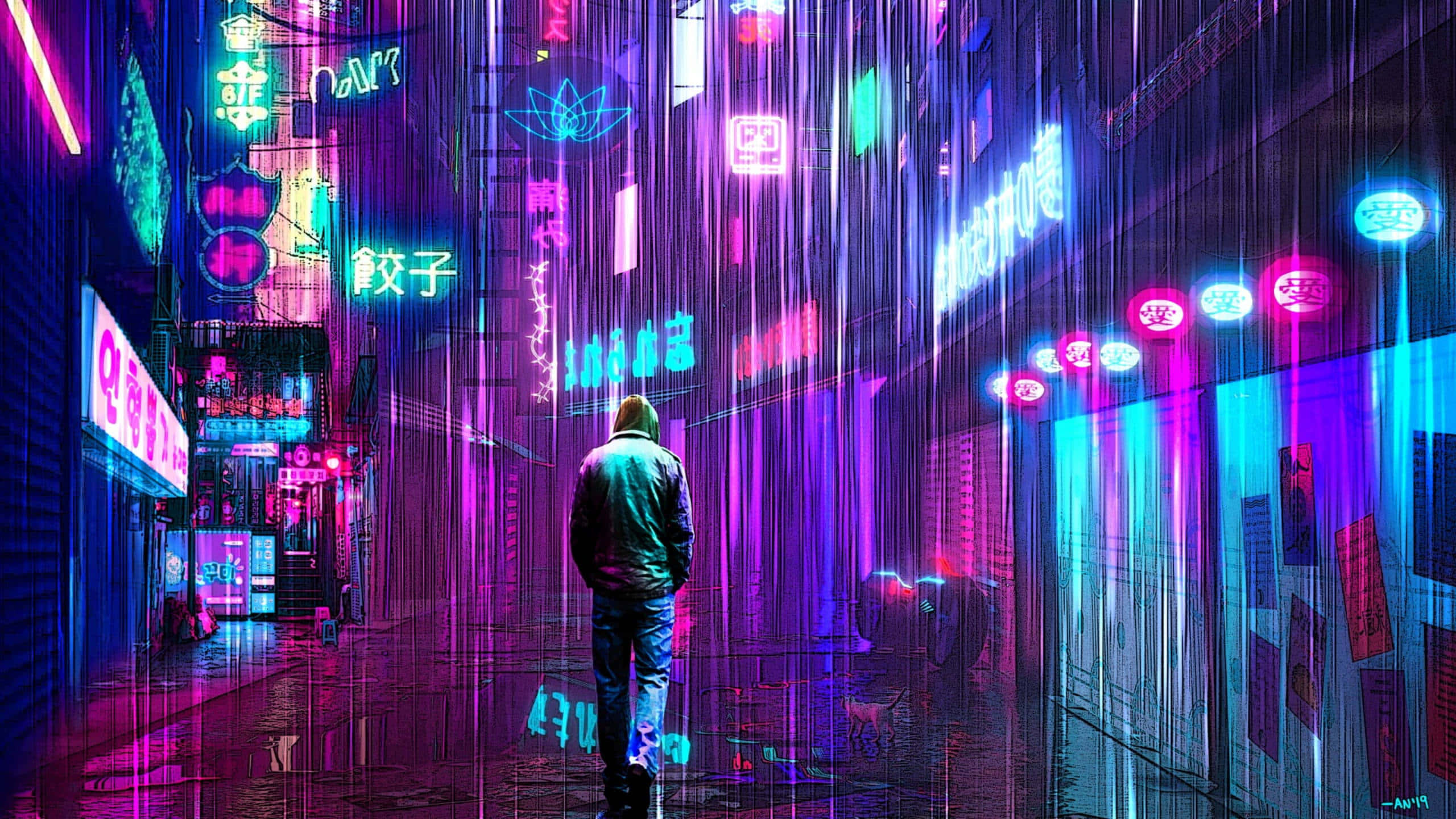 感受夜幕降臨時霓虹城市甦醒的活力 壁紙 — 一個孤獨的身影走在一條被雨水浸濕、霓虹燈閃爍的小巷中，這是一個充滿紫色和藍色招牌的賽博龐克城市。