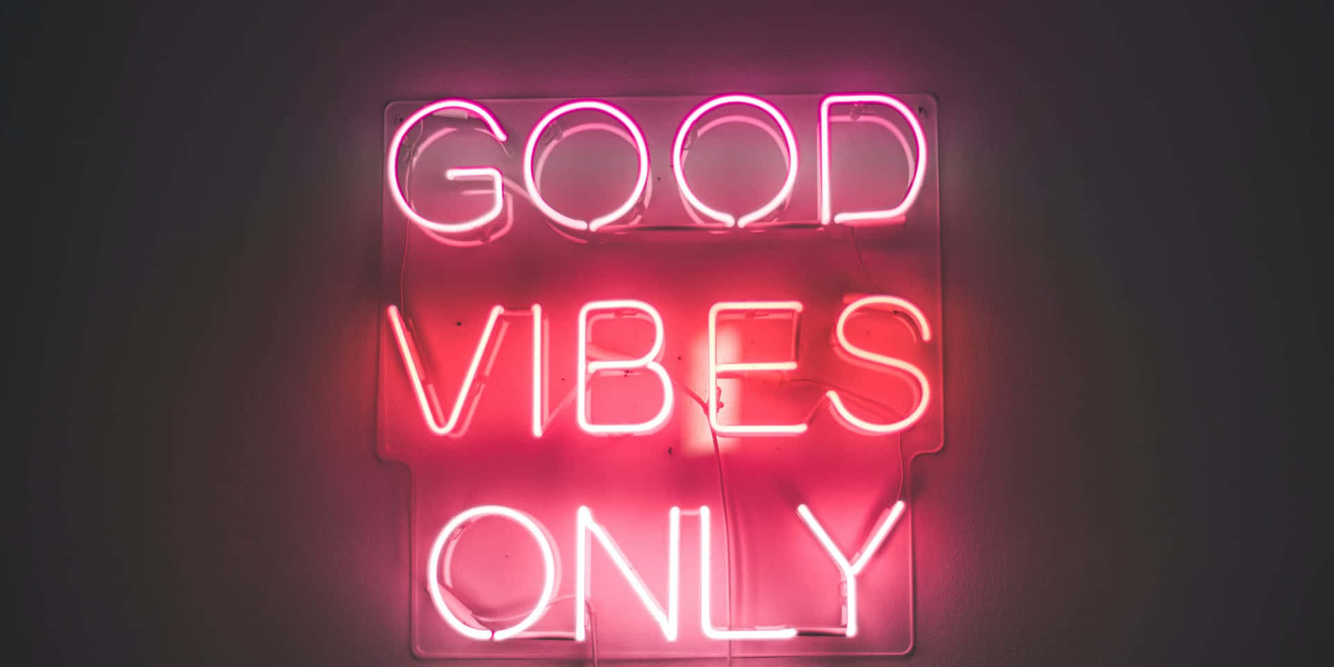 粉紅色霓虹燈牌在深色牆上寫著good vibes only