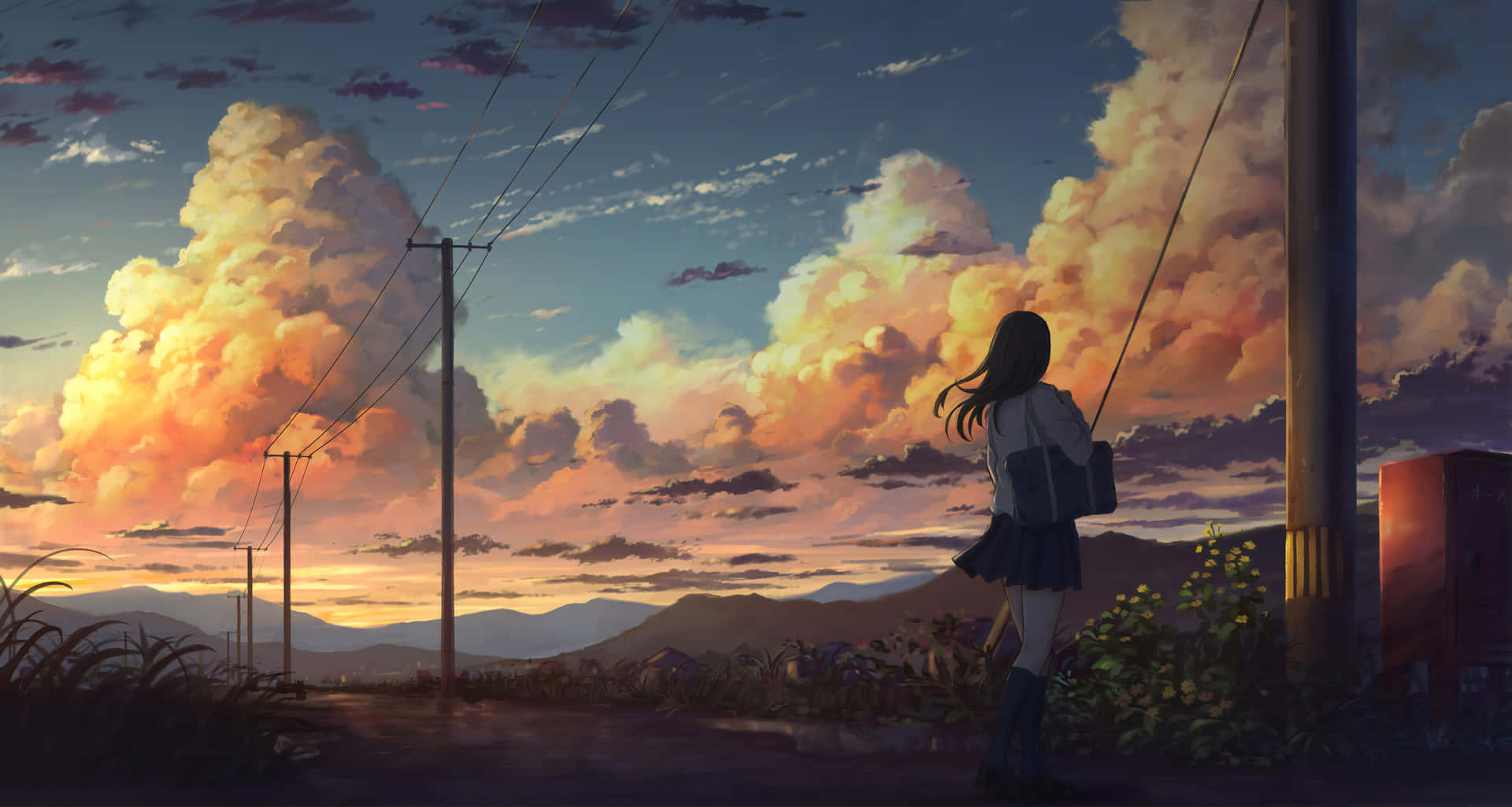 穿校服的女孩從柱子旁觀看日落雲彩