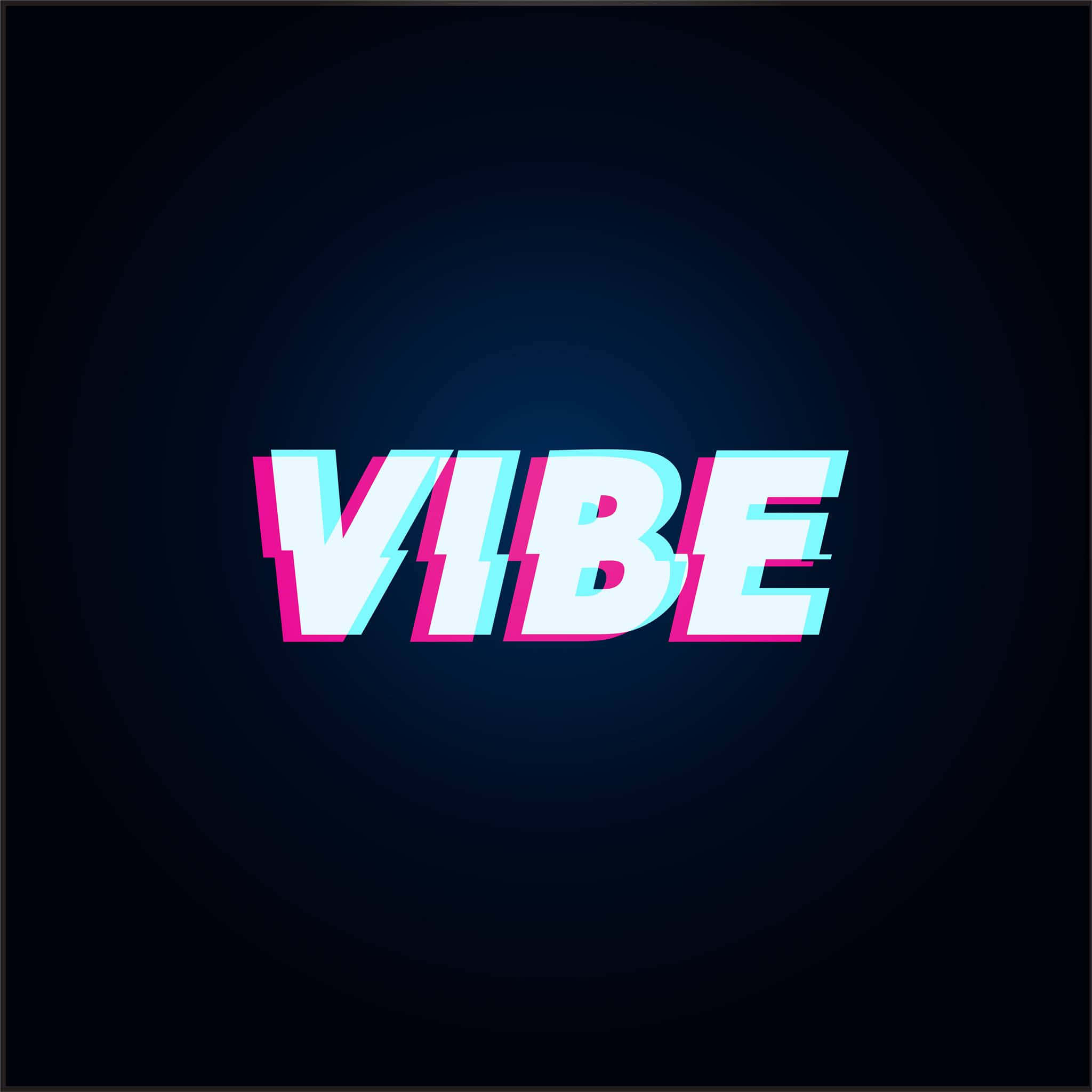 感受大自然的靈感 壁紙 — 大膽的霓虹粉紅和青色 'VIBE' 文字在帶有同心圓的深藍色漸變背景上跳動。