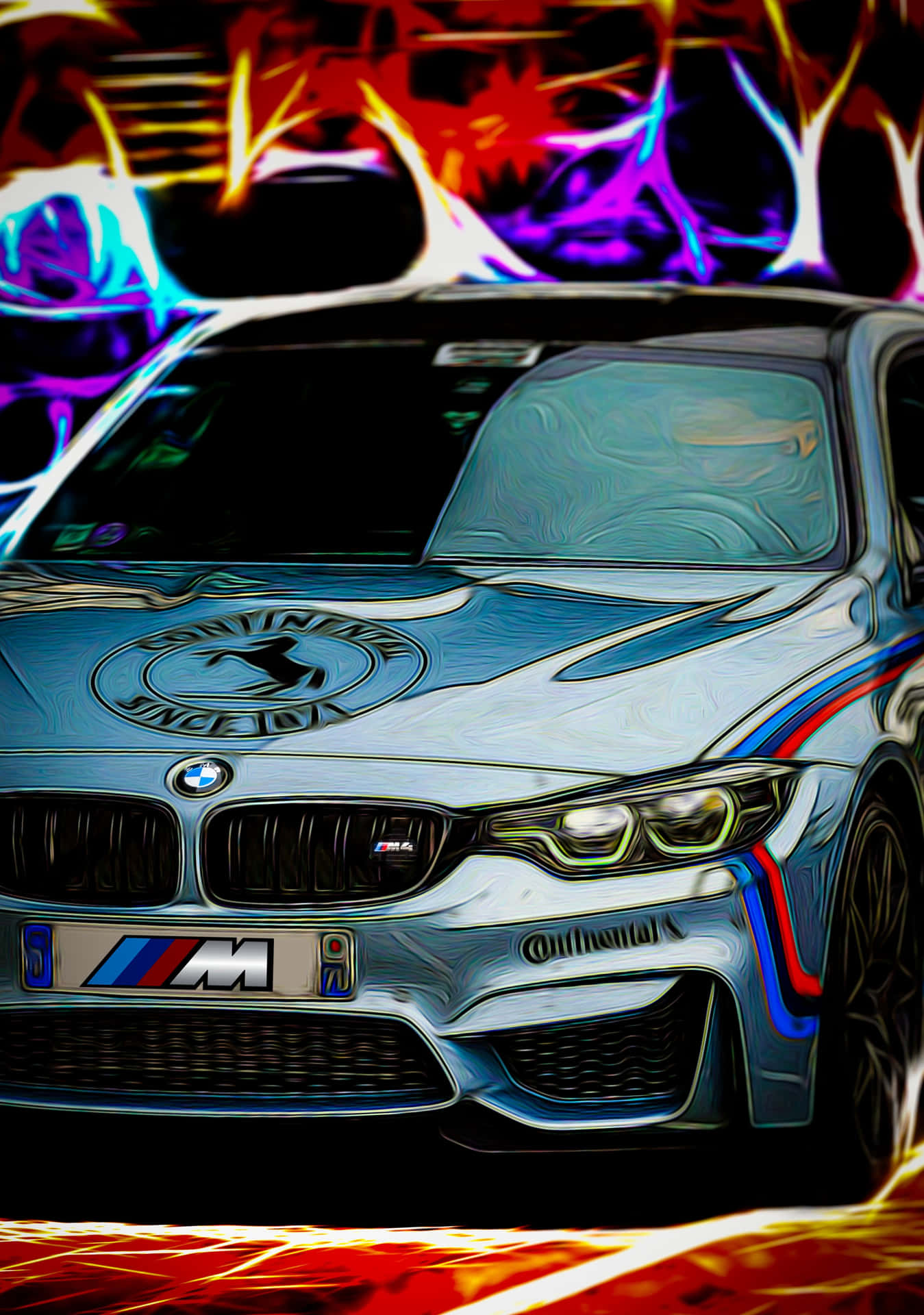 風格化的銀色BMW M車，帶有霓虹火焰效果和抽象背景。