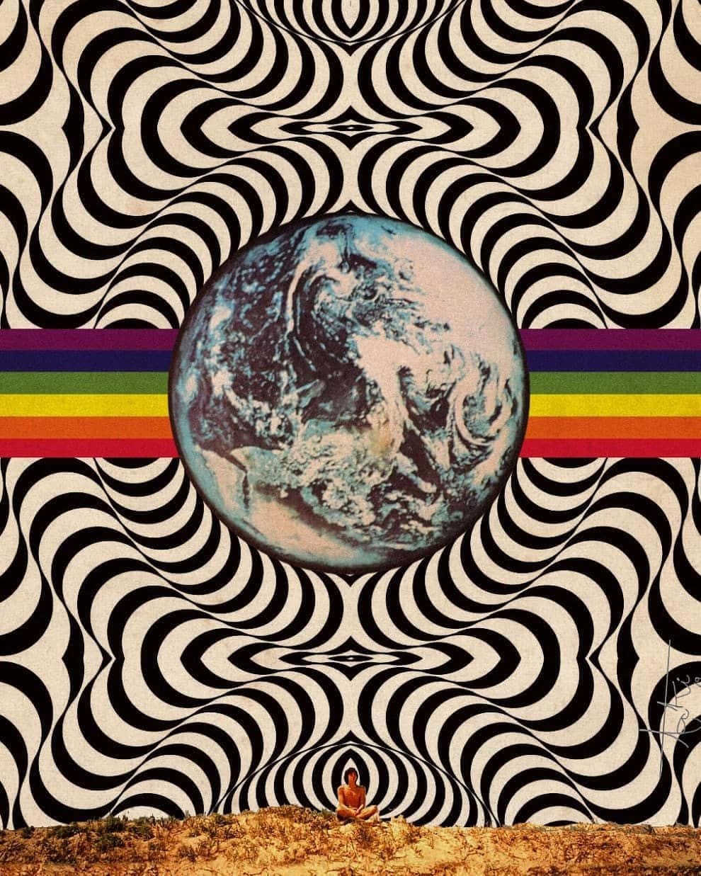 在帶有地球儀和彩虹條紋的迷幻波浪圖案下冥想的人。