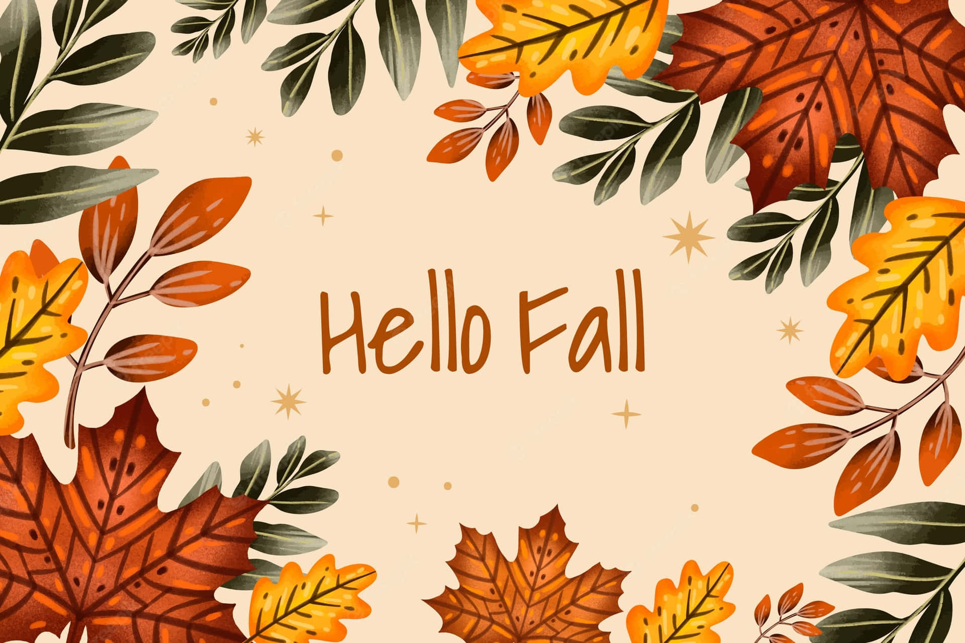 橙色和綠色的秋葉在米色背景上圍繞著文字「Hello Fall」，並帶有金色星星。