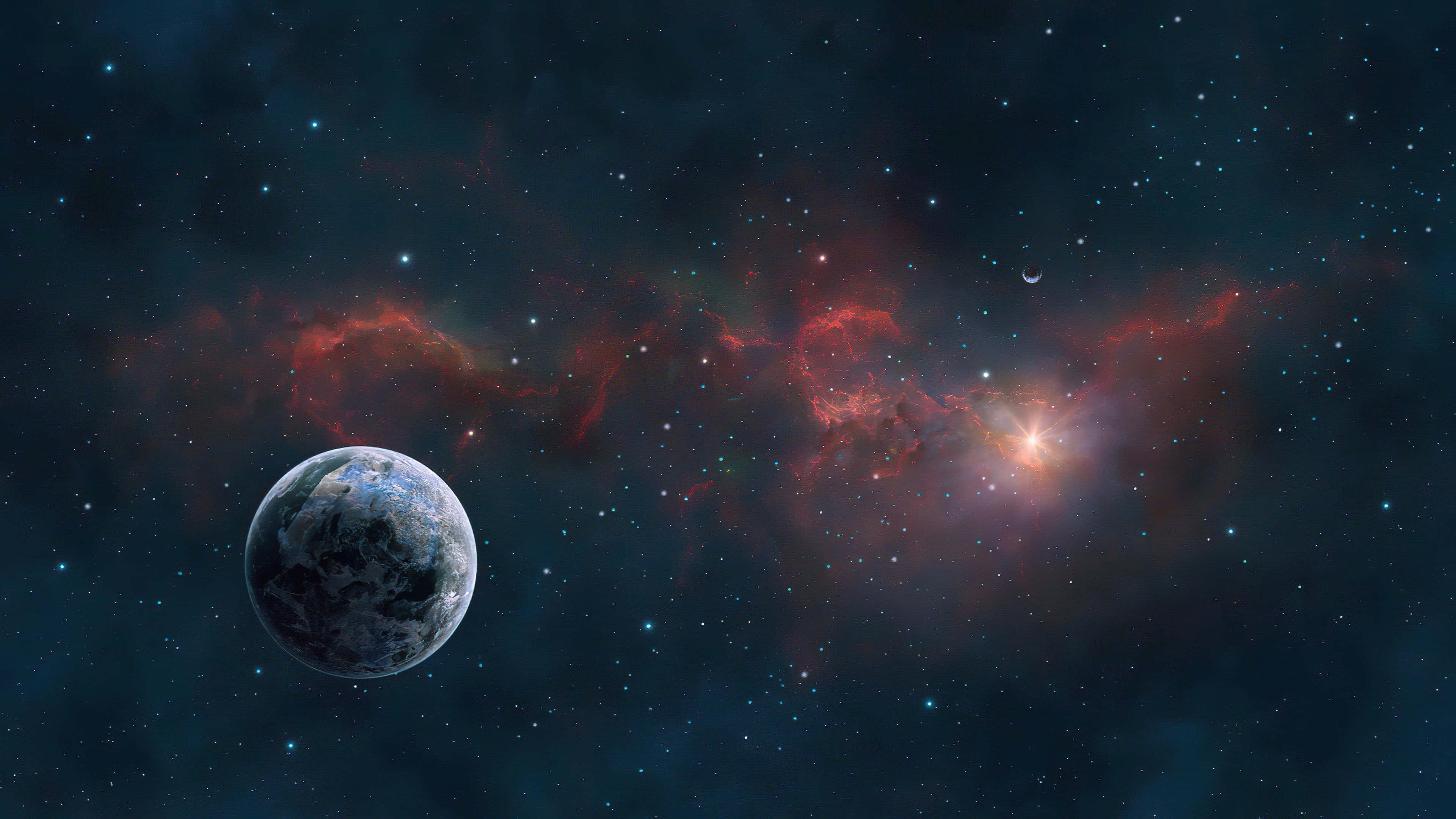 感受宇宙之力，沉浸於紅紫星雲的宇宙奇景 壁紙 — 一顆藍色行星漂浮在發光的紅色星雲旁邊，背景是繁星點點的宇宙天空。