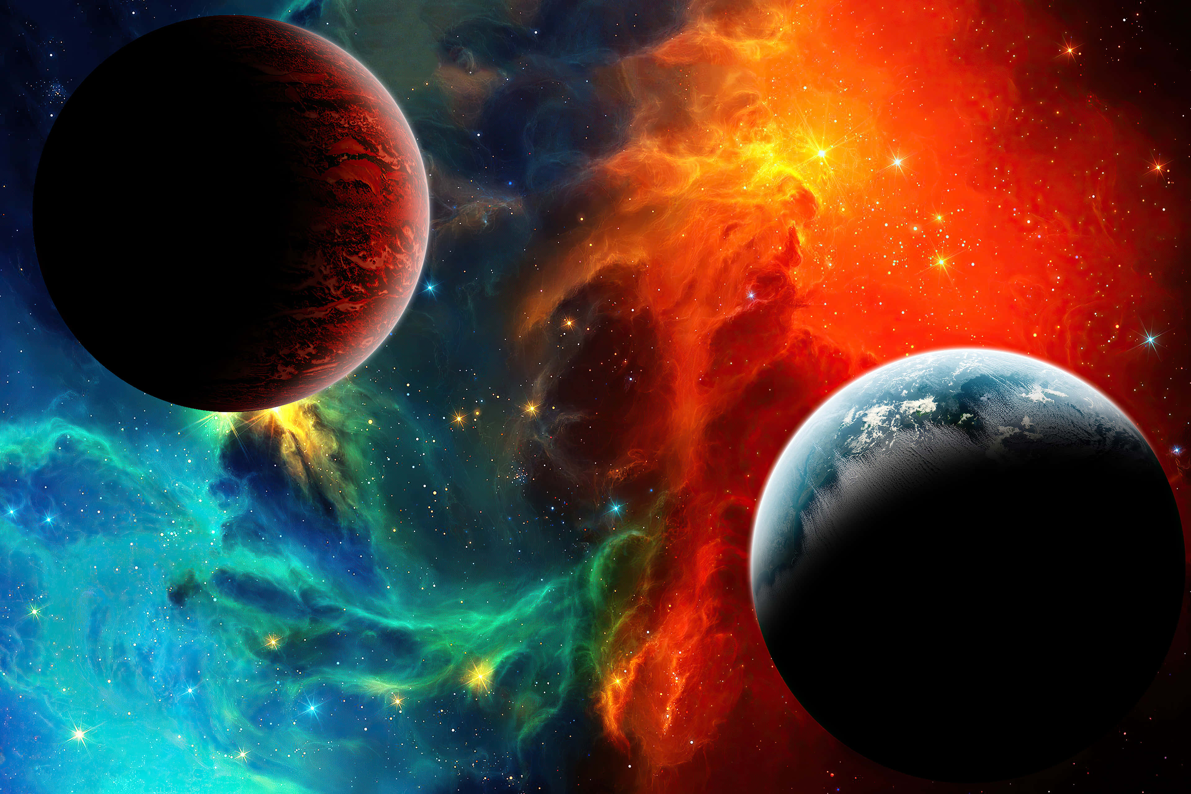 感受宇宙的磅礴力量 壁紙 — 兩顆行星漂浮在充滿活力的宇宙星雲中，星雲散發著火橙色和電光藍色的星場光芒。