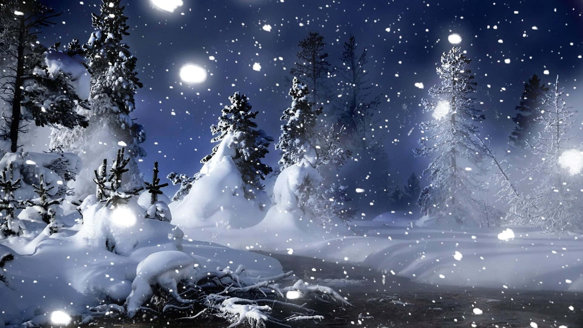 感受寒冷冬風帶來的雪花 壁紙 — 白雪覆蓋松樹，星空下發光球體在飄落的雪花中飄移。