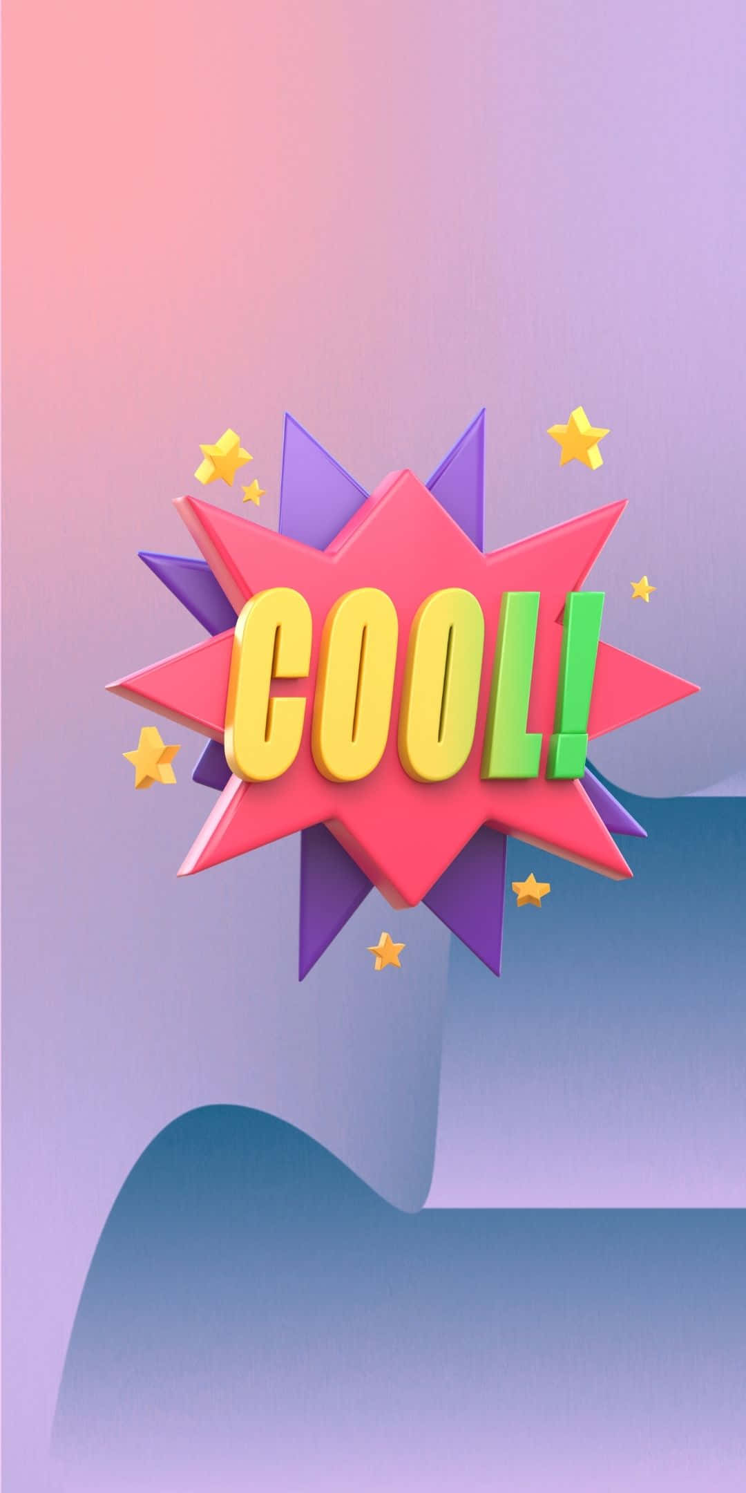 感受寒意 壁紙 — 一個充滿活力的3D渲染「COOL!」文字，位於粉紅色星爆中，帶有黃色星星，背景為柔和漸變色。